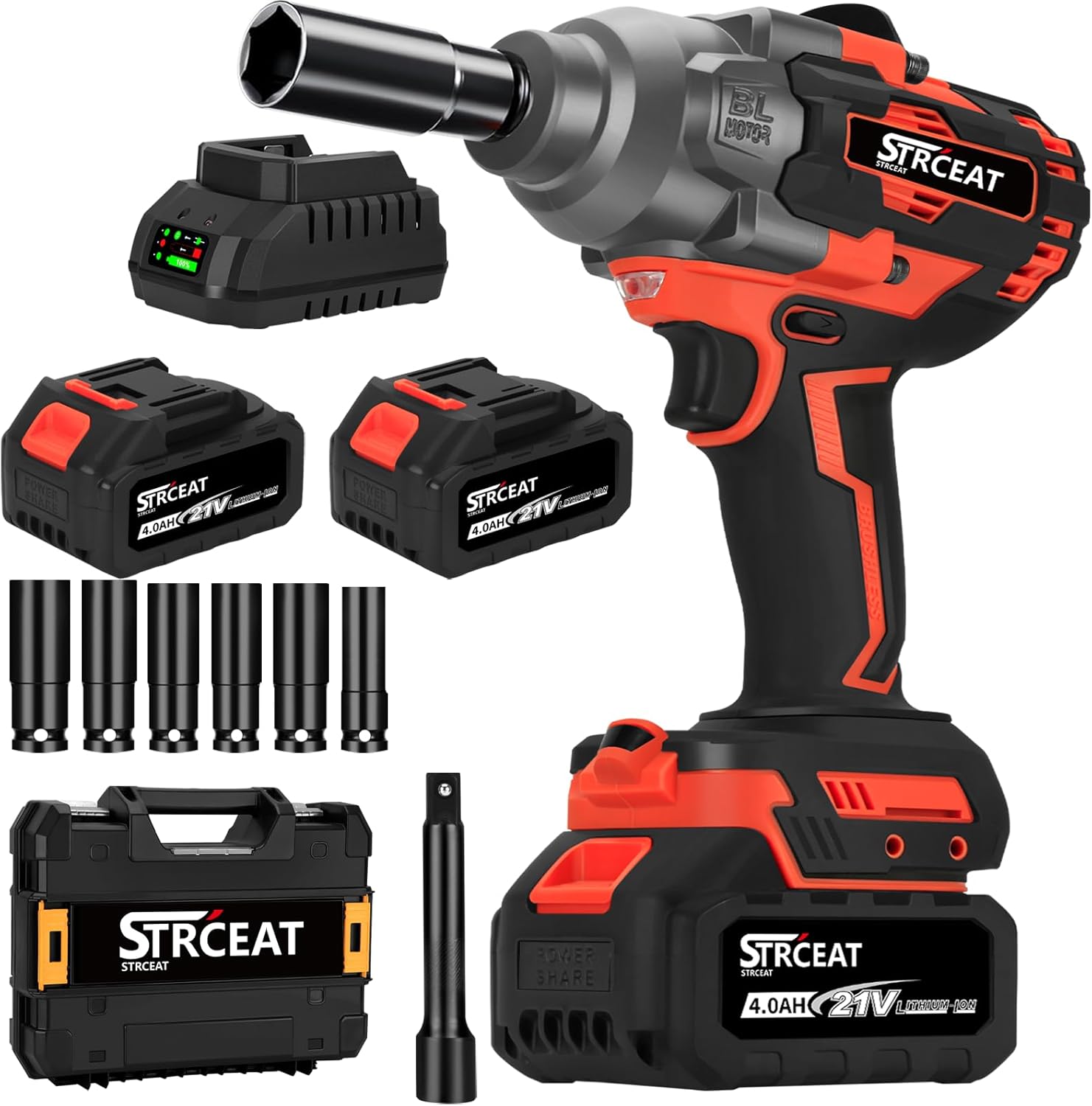 1/2" Cordless Impact Wrench 1000N.m (737ft-lbs),21V Brushless High Torque Impact Gun with 2×4.0Ah Batteries,6 Sockets,Extension Rod,LED Light for Truck Mower Car Industrial Repair