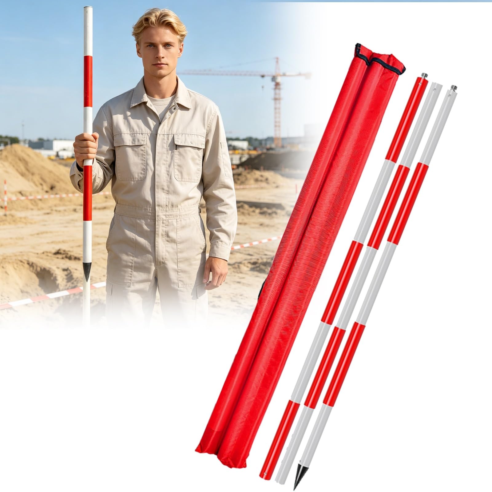 Lineman Survey Stick, 50 6 10 15 20 30 Ft Splicing Aluminium Surveying Range Pole/Measuring Rod for Marking Engineering Work, with Carry Bag(15m/49.2ft)