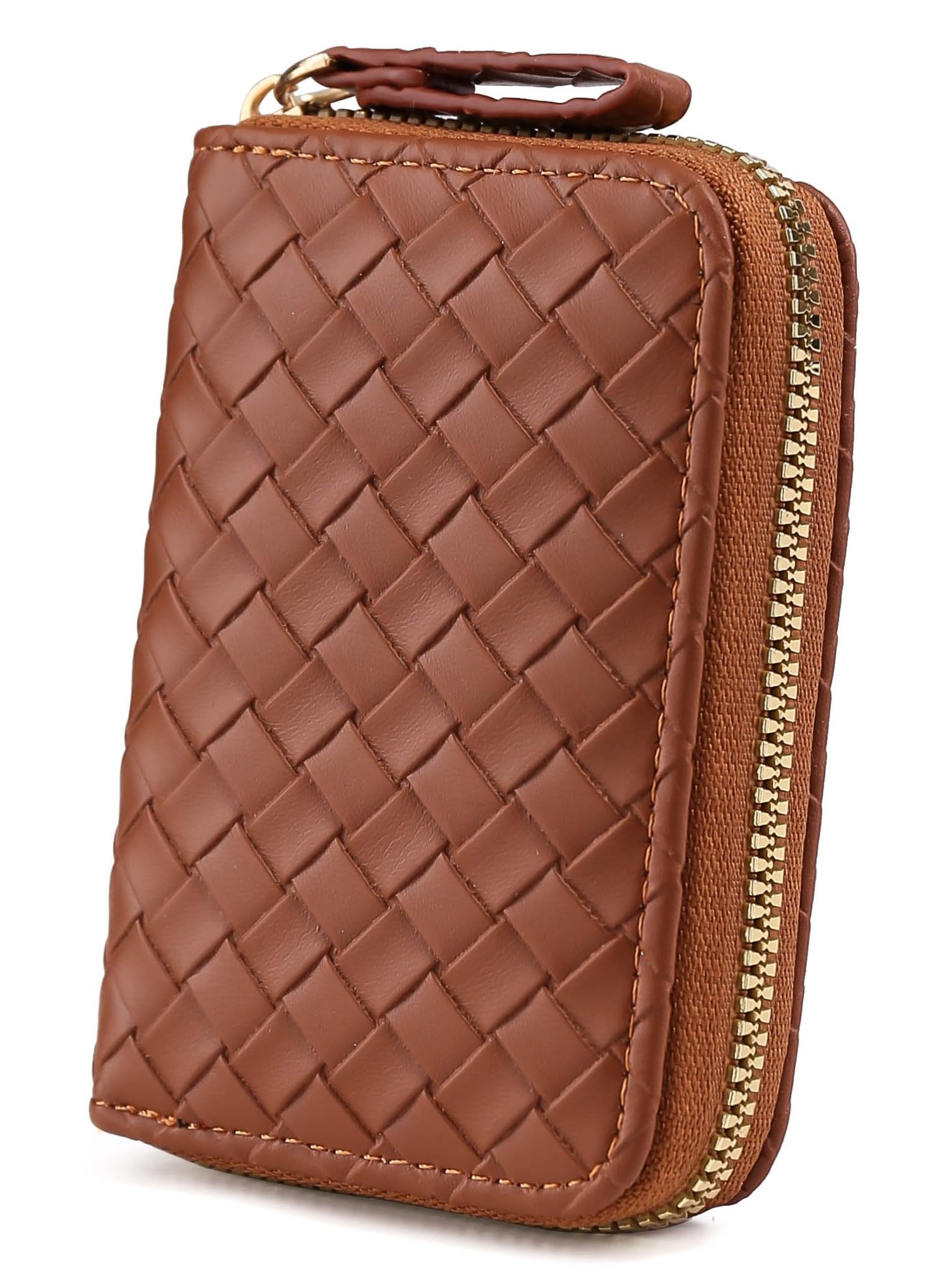 Women's Card Holder Wallet Woven Pattern Vegan Leather Card Holder Compact Ladies Purse with 9 Card Slots, and RFID Blocking | Zip Closure | Mini Purse for Women (Brown)-image-23