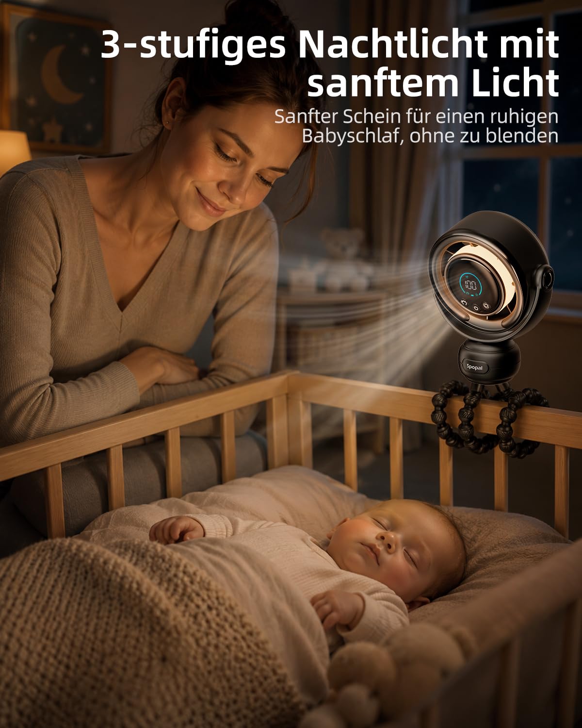 Spopal Ventilator Kinderwagen Tragbar, 100 Geschwindigkeiten, LED-Anzeige, Leise, 3 Nachtlicht, 4000mAh, Akku Ventilator