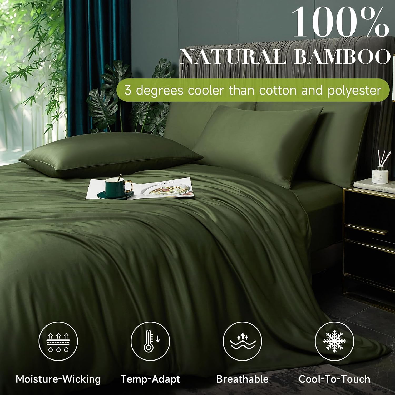 Cooling Duvet Cover Twin Set Olive Green, 100% Viscose Derived from Bambo, Summer Soft Breathable Rayon Bedding Set for Hot Sleepers, Luxurious Silky Smooth Comforter Cover for All Seasons