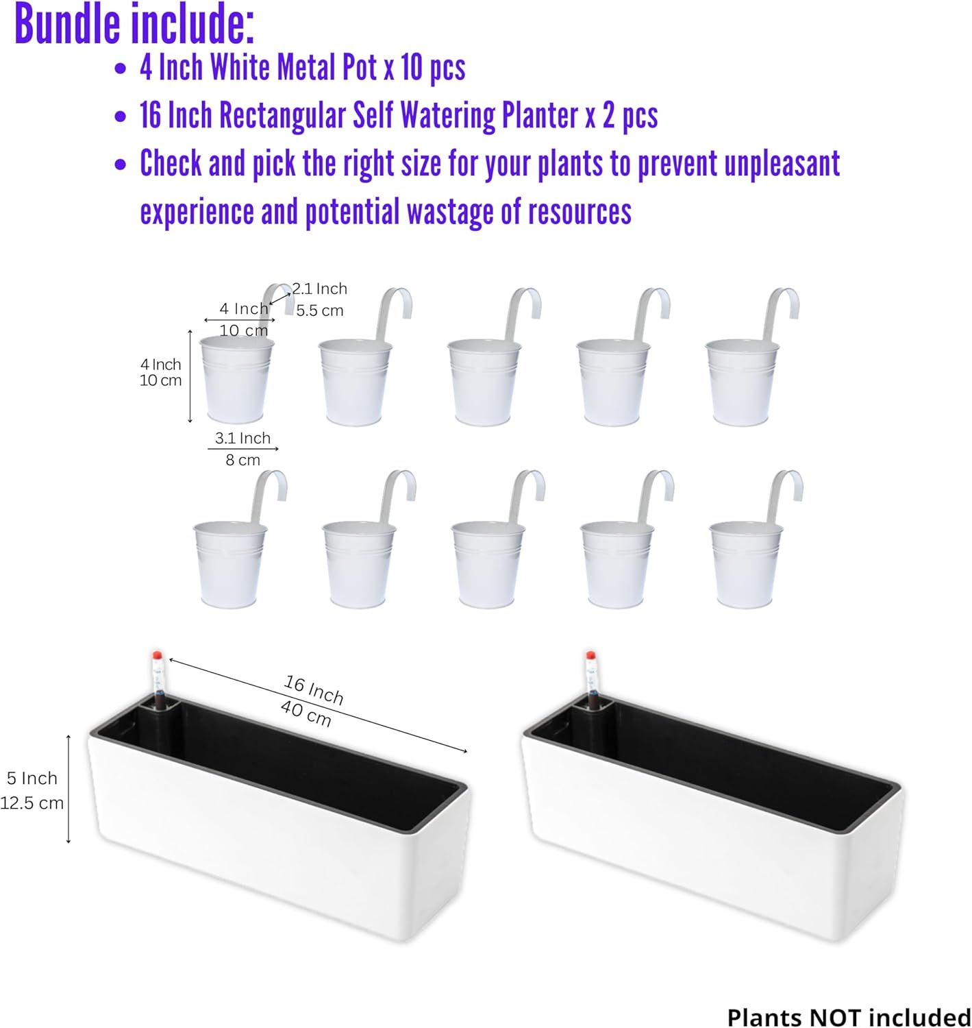 LaLaGreen Bundle- 2 Pack, 16 Inch Rectangular Self Watering Pot + 10 Pack, 4 Inch White Metal Pot Windowsill Indoor Herb Planter Boxes Hanging Herb Garden Modern Window Balcony Rail Fence Home Decor