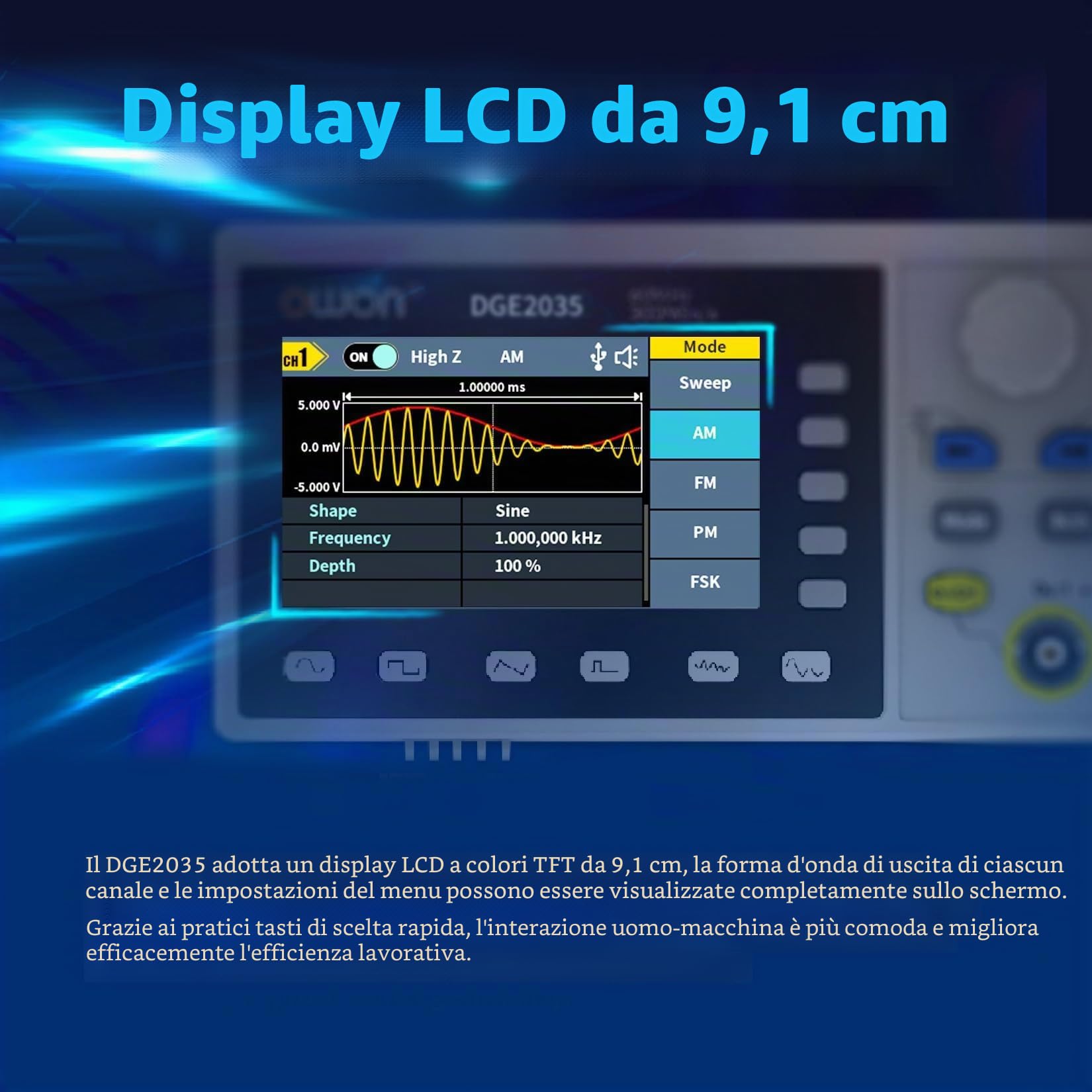 OWON DGE2035 Generatore portatile di forme d'onda arbitrarie, display LCD da 3,6 pollici, doppio canale, uscita di frequenza da 35 MHz, frequenza di campionamento massima di 150MSa/s generatore