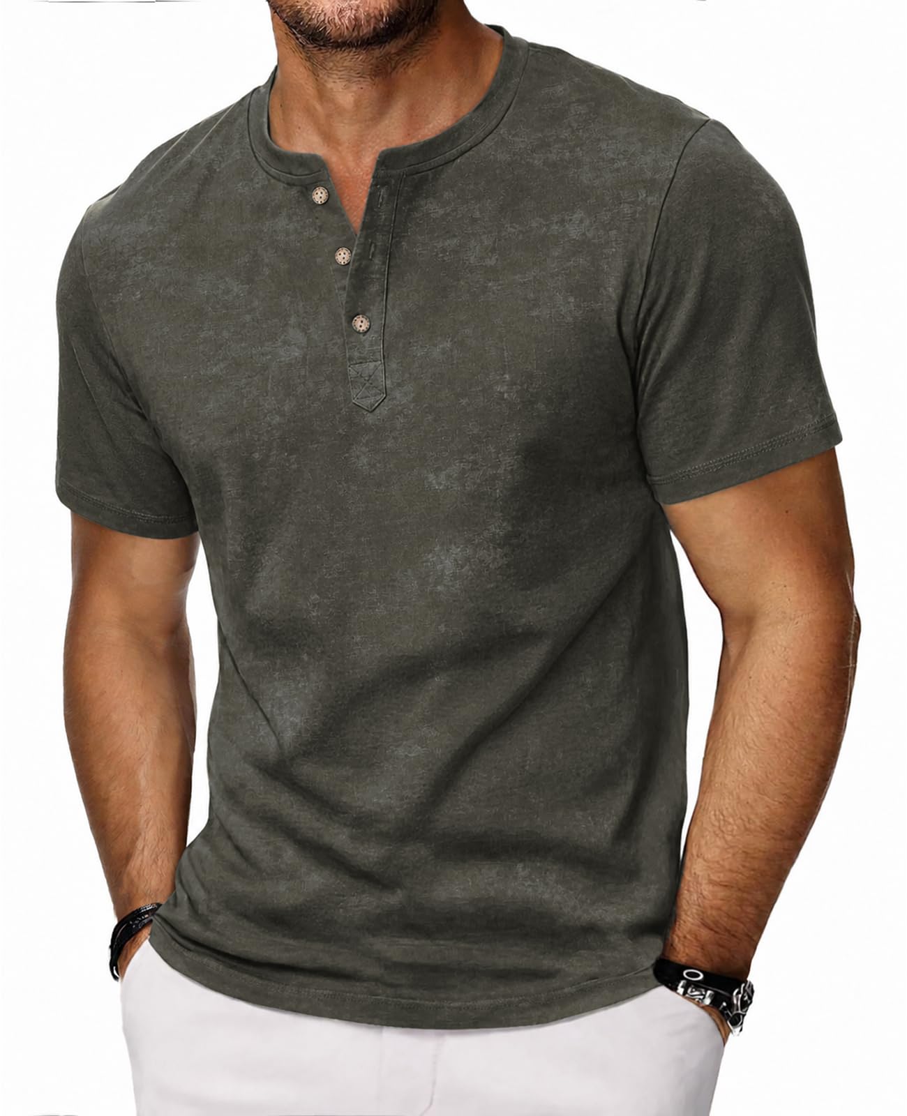 HMIYA Hemd Herren 100% Baumwolle Vintage Henley Shirt Kurzarm T-Shirts für Herren Sommerhemd Beiläufig Männer