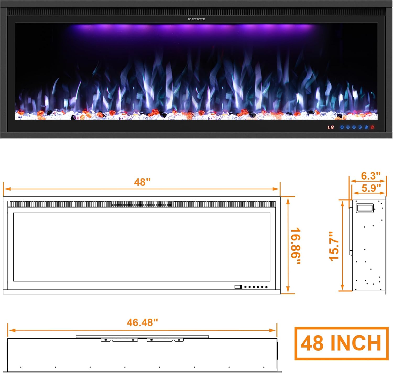 Benrocks 48'' WiFi- Enabled Electric Fireplace Inserts - Alexa & App Control, Slim Recessed & Wall Mounted, 13 * 13 * 3 Flame Color Combinations, 750W/1500W, Black