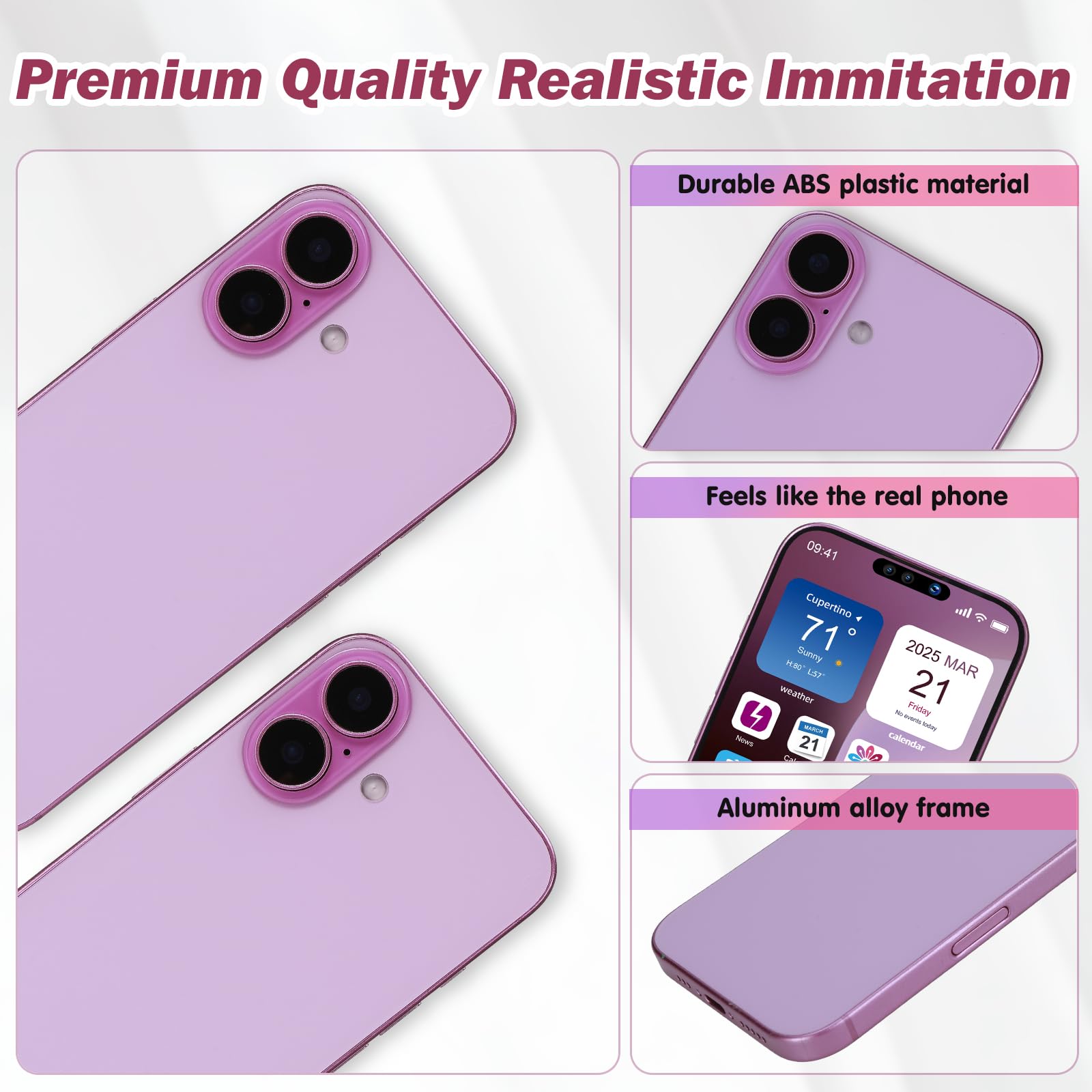 Affichage de faux jouets téléphone portable modèle métallique non fonctionnel réplique 1:1 téléphone pour téléphone 16 faux jouets téléphone portable, écran couleur rose 16