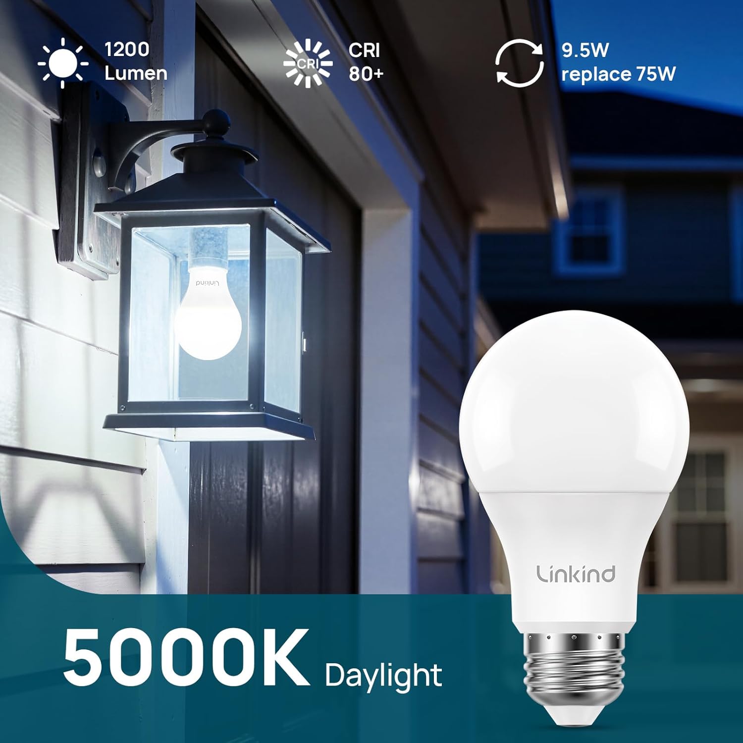Linkind Dusk to Dawn Light Bulbs Outdoor, A19 Sensor Led Bulbs Automatic On/Off, 9.5W led Light Bulbs, 75 Watt Equivalent, 1200 Lumen, E26 Base, ETL&FCC Listed, 5000K Daylight, 4 Pack
