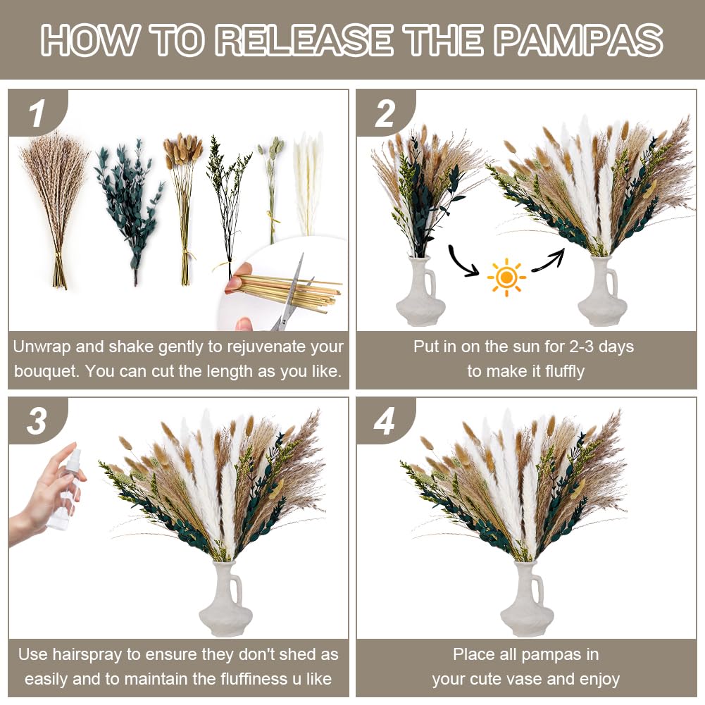 HOTUT Natural Pampas Grass Bouquet, 65 Stems Assorted Dried Flowers, 6 Different Flower Variants, Bunny Tails, Reed Grass - Image 4