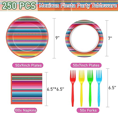 Miniatura 2 de Juego de 250 platos y servilletas de fiesta mexicana, 50 invitados desechables México, vajilla de rayas coloridas para Cinco de Mayo, piñata