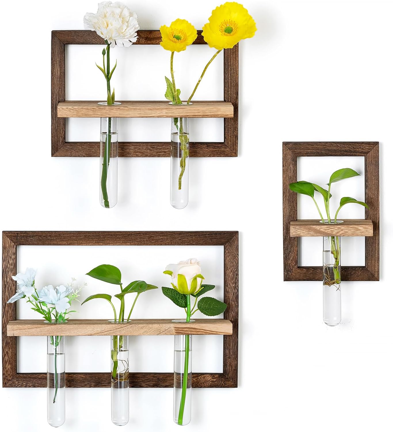 Wall Planter Propagation Stations - Hanging Glass Terrarium Tube Vase with Wood Shelf for Indoor Plants Cutting - Rustic Wall Decor for Farmhouse