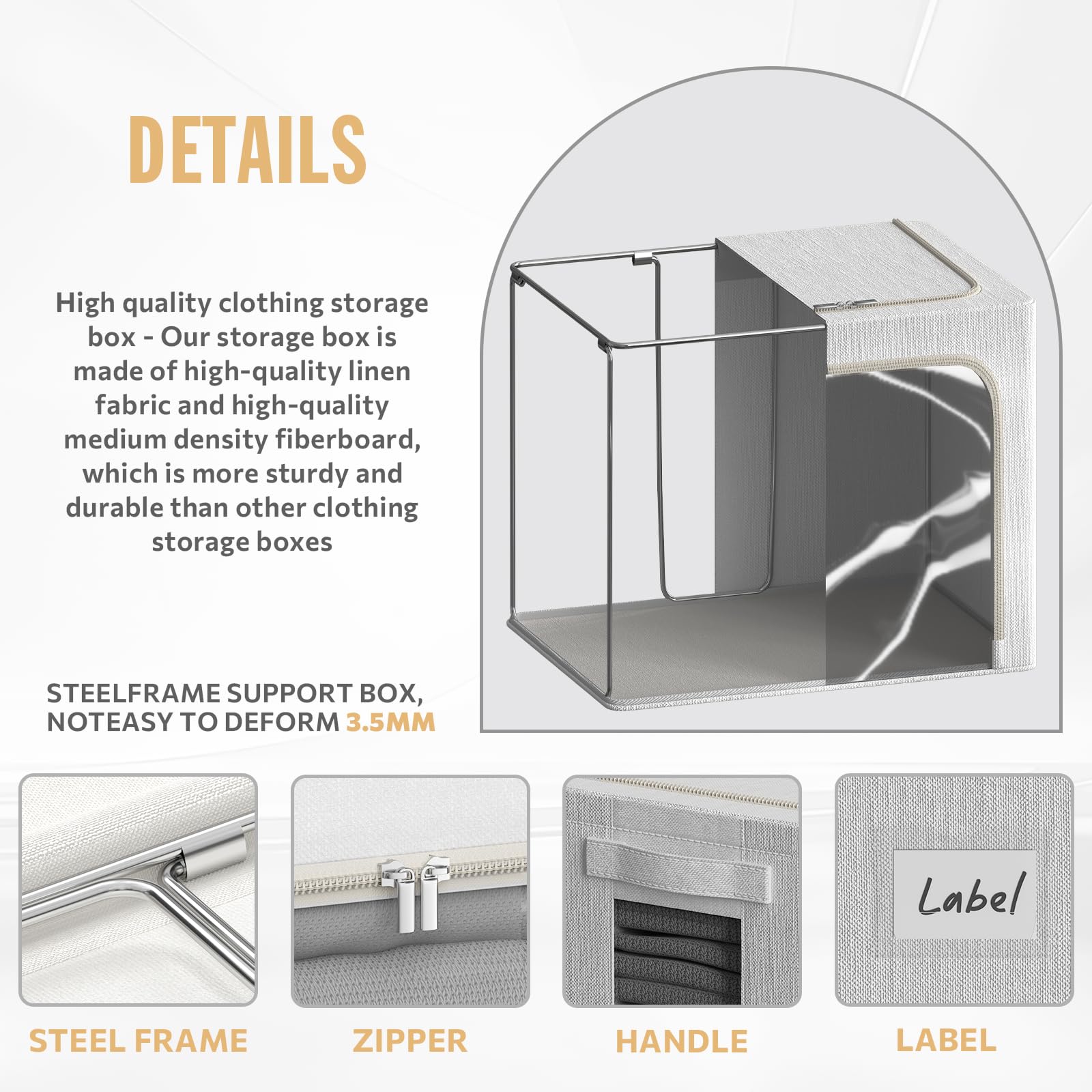FHSQX Paquete de 2 contenedores de almacenamiento transparentes para ventana, apilables, grandes, de tela de lino, para ropa, organizador plegable con asas de transporte (blanco brillante, 15.7 x 11.8