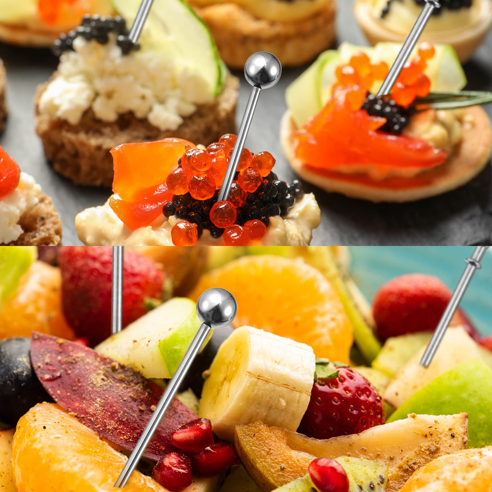 uxcell Plettri da cocktail in acciaio inossidabile, 8 pezzi, 15,5 cm, in metallo per cocktail, stuzzicadenti da Martini, lunghi e riutilizzabili, con perline rotonde, per bevande, antipasti, frutta