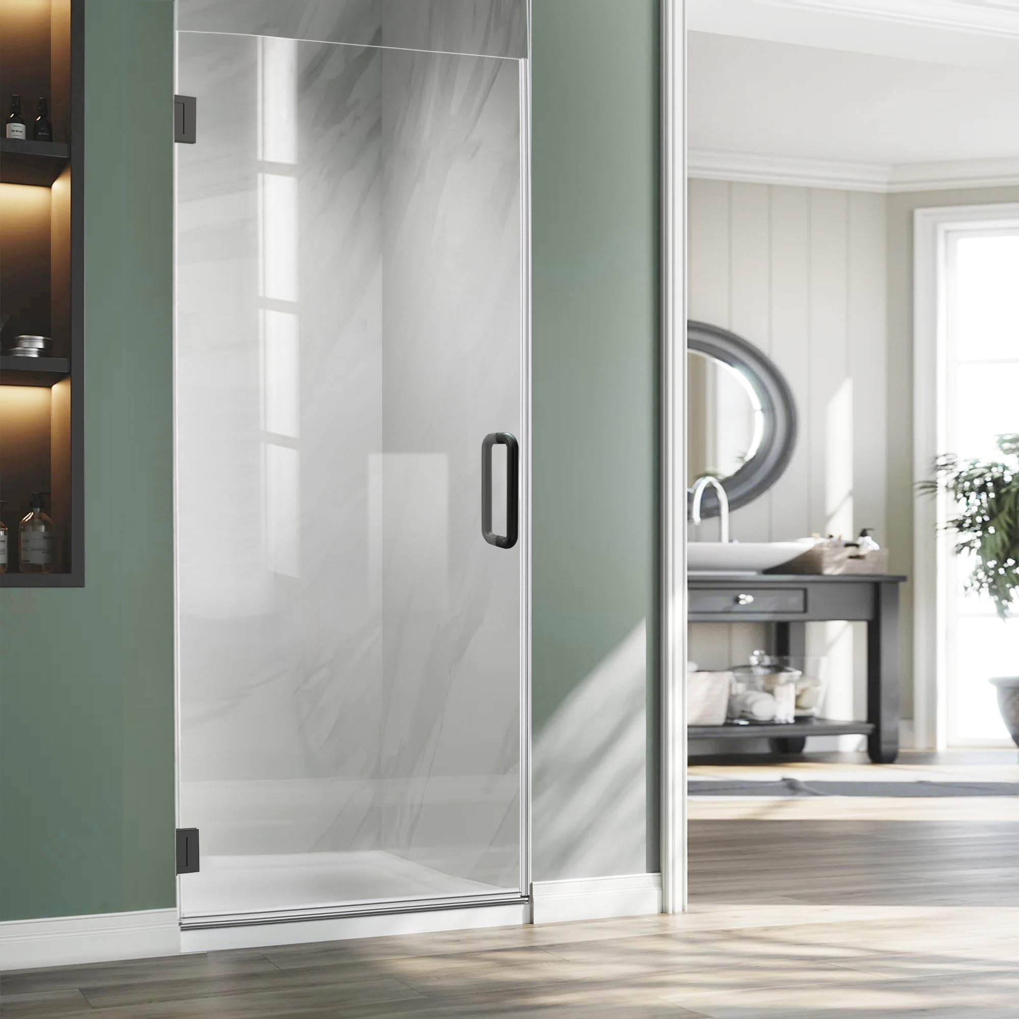 Frameless Shower Door, 30" W X 78" H Single Swing Hinged Shower Door, 3/8" (10mm) Bathroom Glass Door in Matte Black, Clear Tempered Glass Pivot Shower Door with Handle and Seal Strip