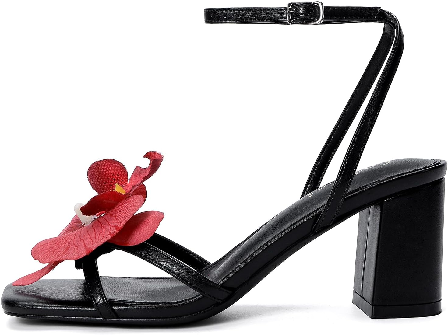 Goderci Women's Heels with Flower Square Open Toe Mid Ankle Strap Heeled Sandals Chunky Block Floral Heels