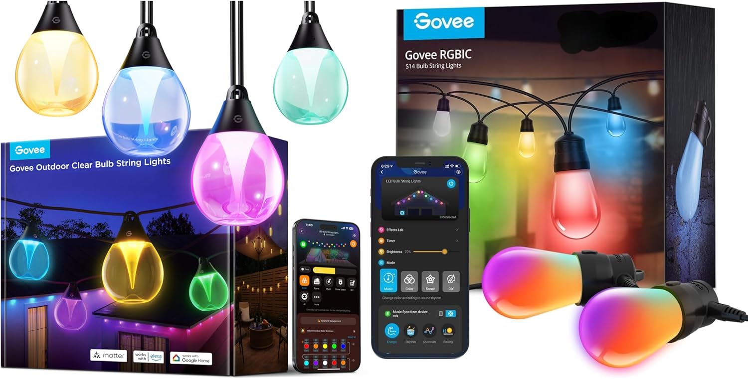Govee Smart Outdoor String Lights 48ft Bundle Outdoor Clear Bulb String Lights 48ft