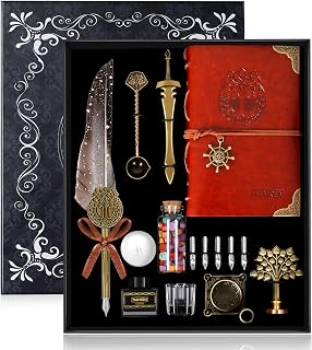 Feather Dip Pen and Ink Set,quill pen ink set,Antique Calligraphy Pen with 5 Replaceable Nibs,Wax Seal Stamp,Wax Beads &Leather Writing Notebook Christmas Gift for Men&Women.(Grey)