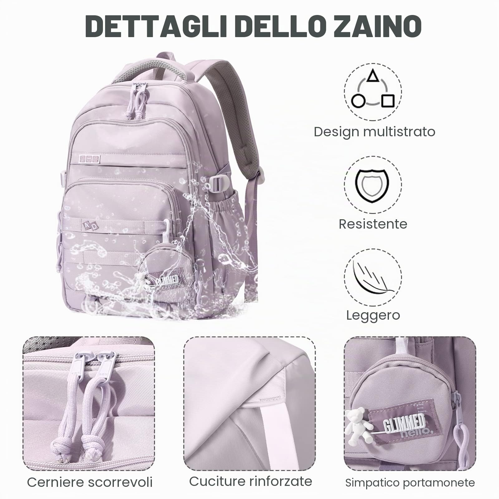 Amythe Zaino Scuola Media e Superiore Ragazza Leggero Grande, Viola | Zaino Multi-tasche Adolescenti Zainetto Casual Moda Idrorepellente per Laptop da 15.6 pollici, Ritorno a Scuola / Viaggio