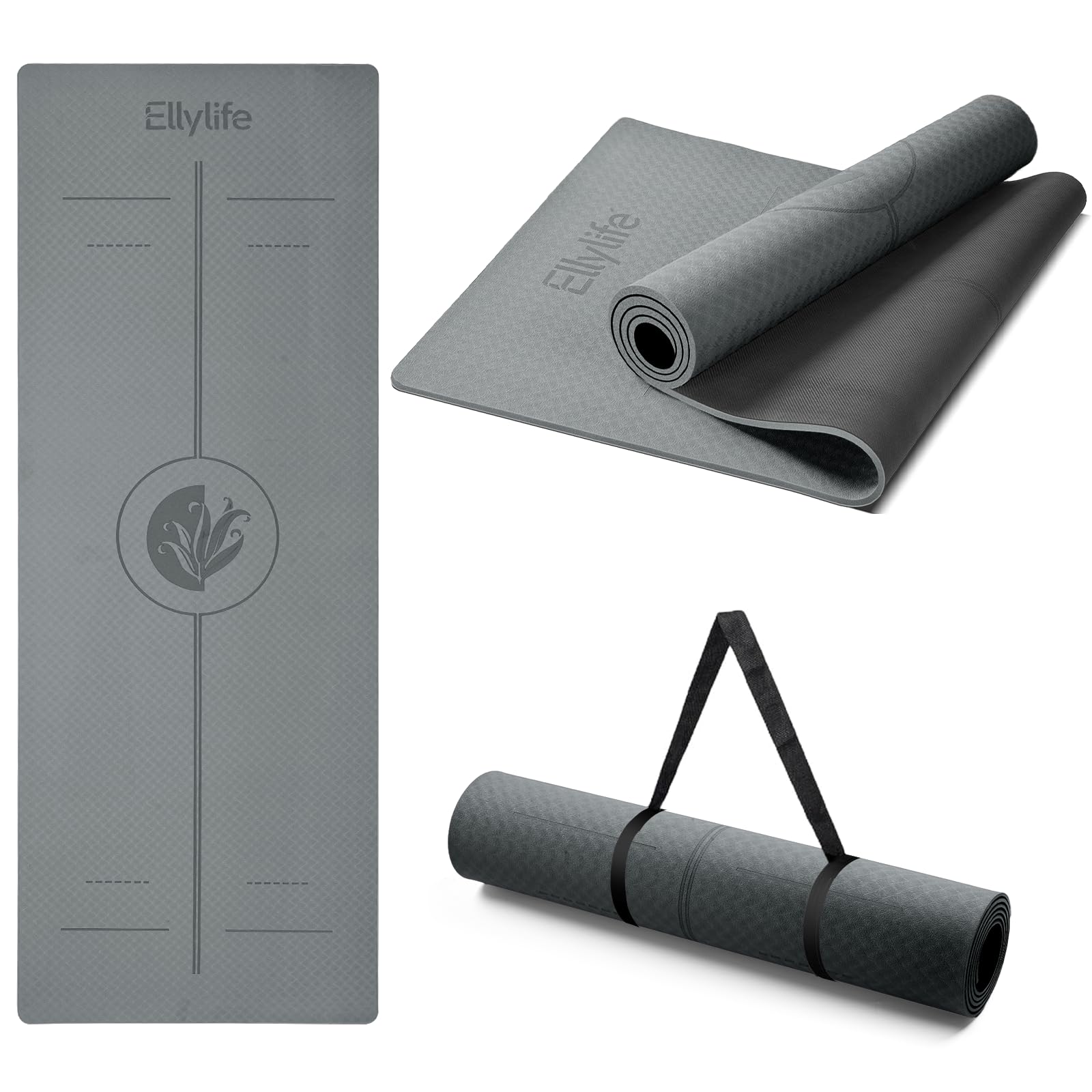 Ellylife Tappetino Yoga,Extra Spesso Yoga Mat, Antiscivolo in Gomma Naturale e Eco TPE con Cinghia,Resistente agli Strappi, per Yoga, Pilates e Fitness a Casa
