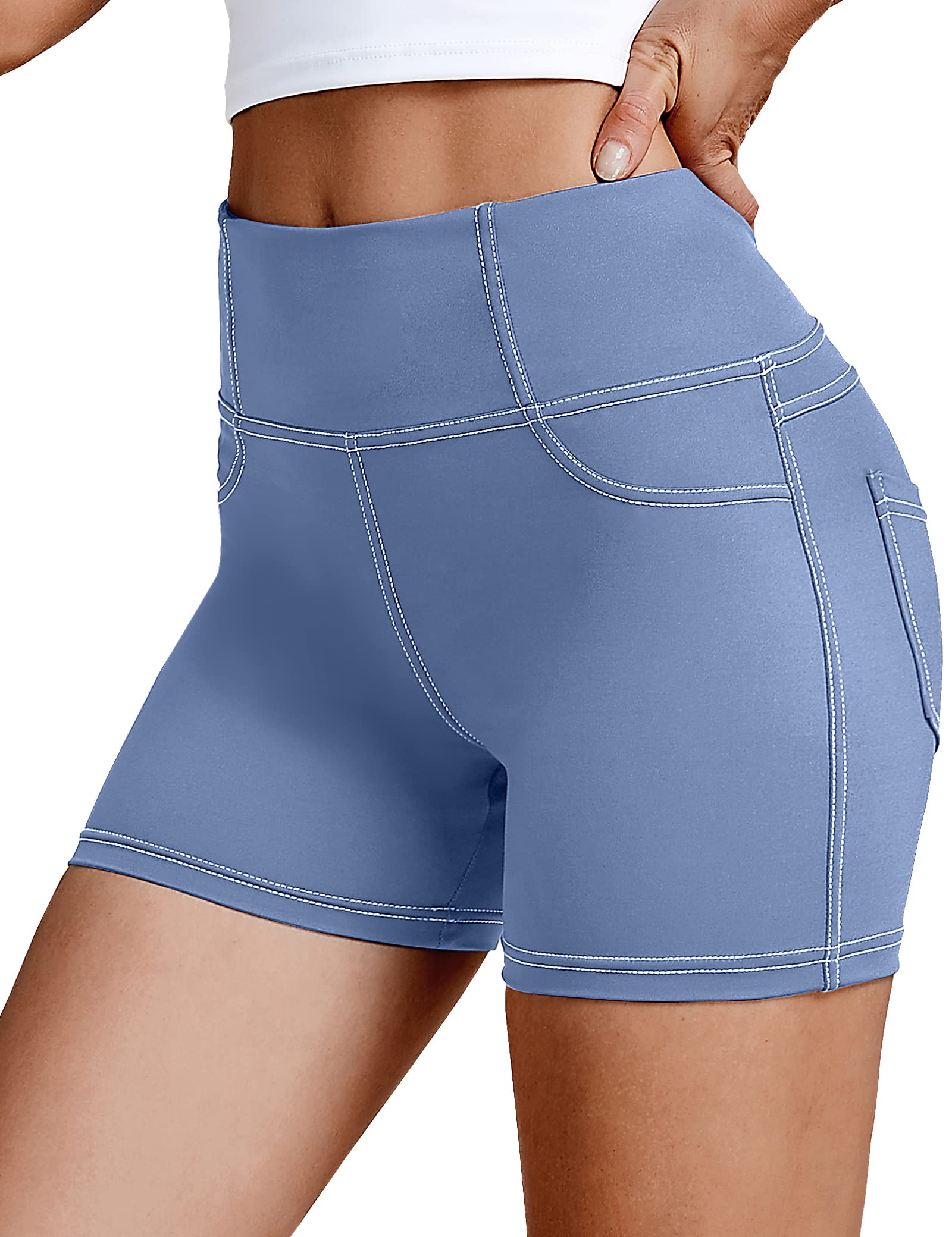 VOOVEEYA 5"/8" High Waisted Yoga Biker Shorts with Pockets for Women - Butt Lifting Workout Spandex Booty Gym Shorts