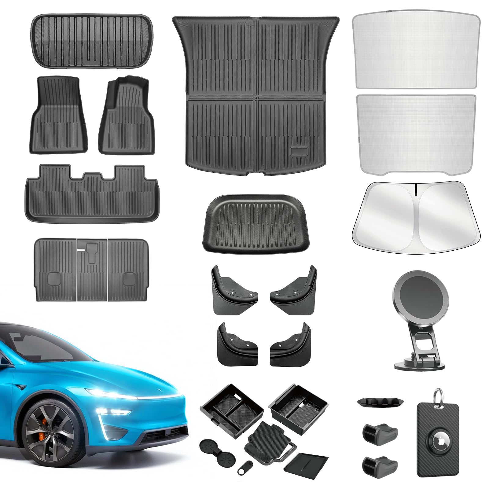 [26-in-1] Zubehör Set für Tesla Model Y Juniper 2025 2026, Ultimativer Innen- & Außenschutz (Fußmatten, Konsolen-Organizer, Schmutzfänger, Sonnenschutz Dach/Scheibe, Handyhalterung)