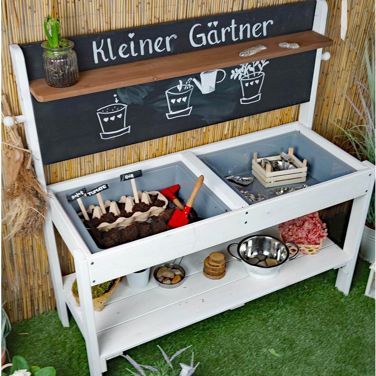 Meppi Matschküche Kleiner Gärtner aus Holz - Outdoorküche für Kinder mit Matschwannen - Pflanztisch & Basteltisch