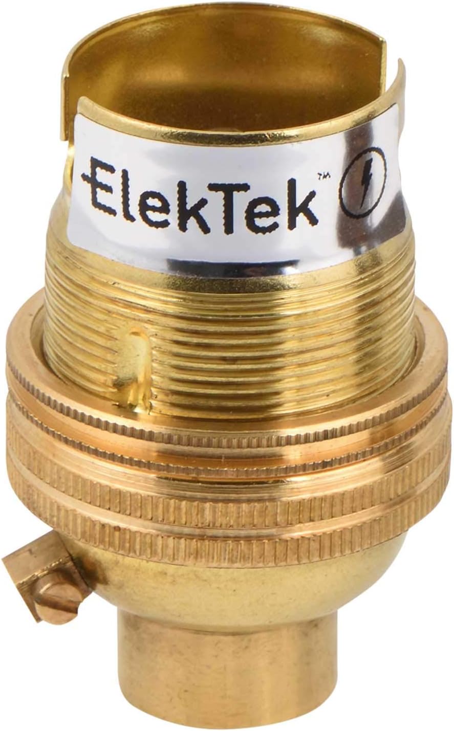 ElekTek Unswitched Lamp Holder B22 BC Bayonet Cap with Shade Ring 10mm/M10 x1 Threaded Bottom Entry - Made in UK - Brass