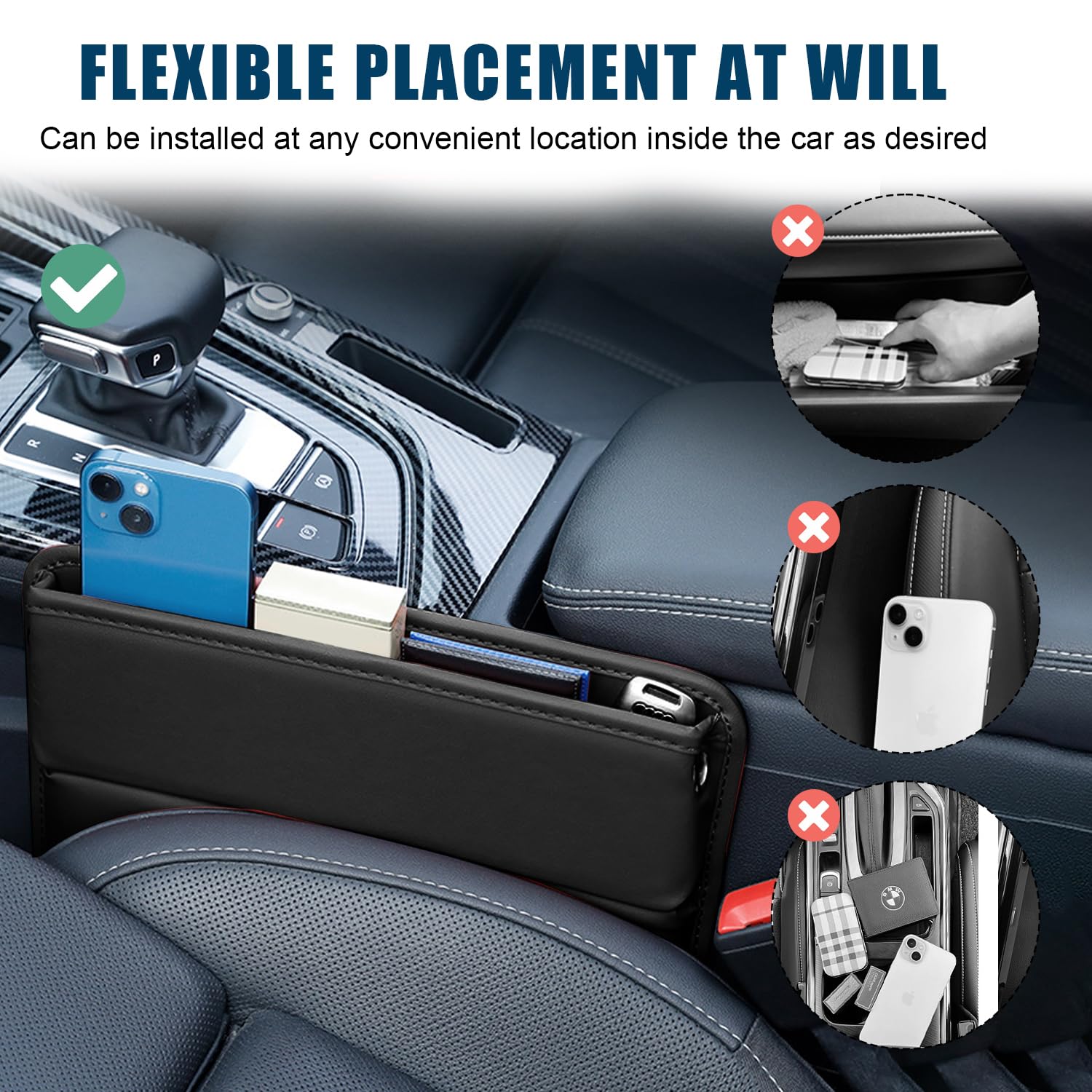 Organiseur D'écart De Siège Auto 2 Pièces - Rangement Smartphone, Clés, En EVA, Antidérapant, Noir