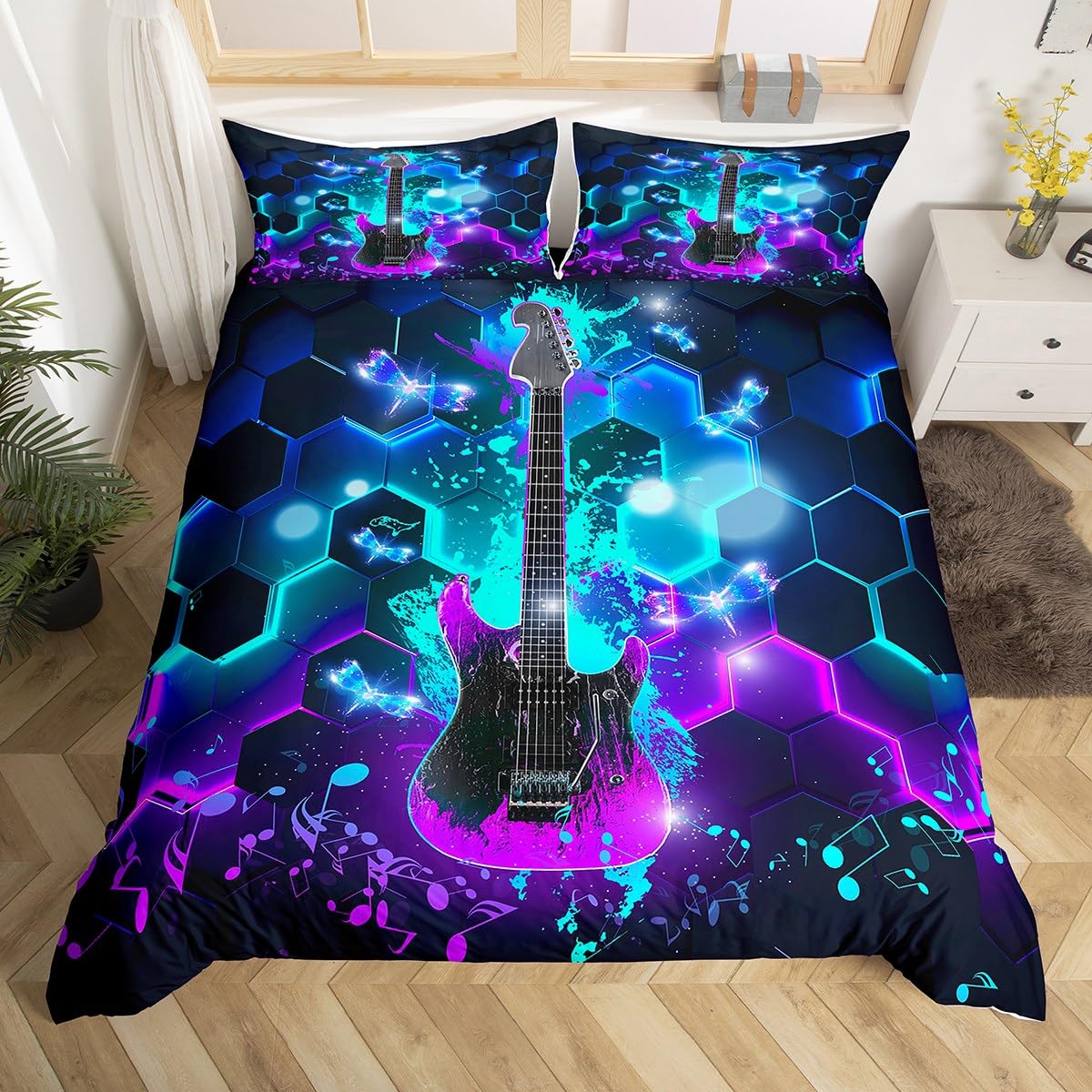 Super King Size Comforter Cover for Boys Electric Guitar Bedding Set,Music Note Themed Hip Hop Duvet Cover for Kids Teen Girls Black Purple Tie Dye Geometric Honeycomb Bed Cover 3Pcs, Zipper Closure