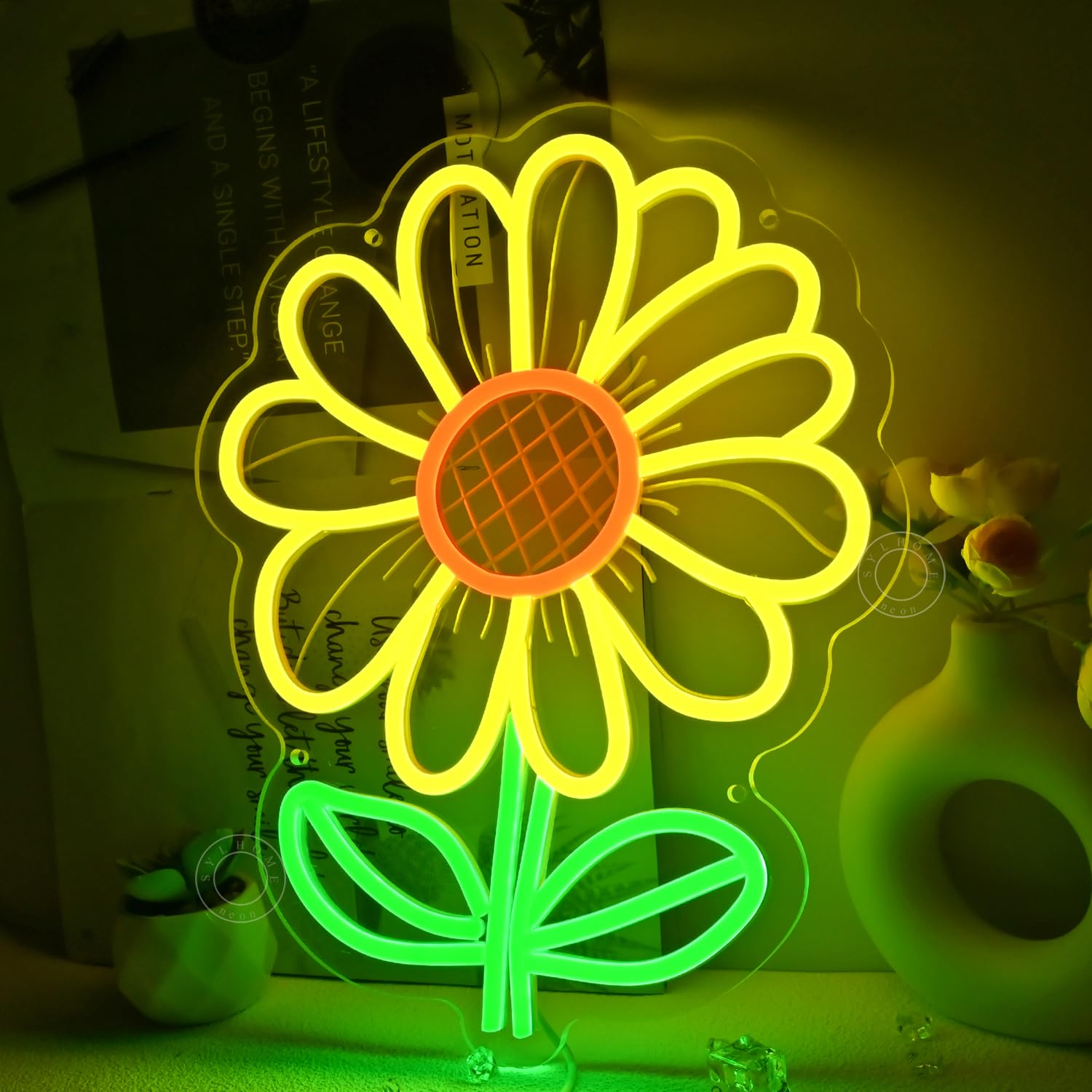 SYLHOME Letrero de luz LED de neón con diseño de girasol, para dormitorio, sala de estar, habitación de niños, aula, decoración de pared, sala de juegos, cumpleaños, Navidad, fiesta, regalos, 13.7 x