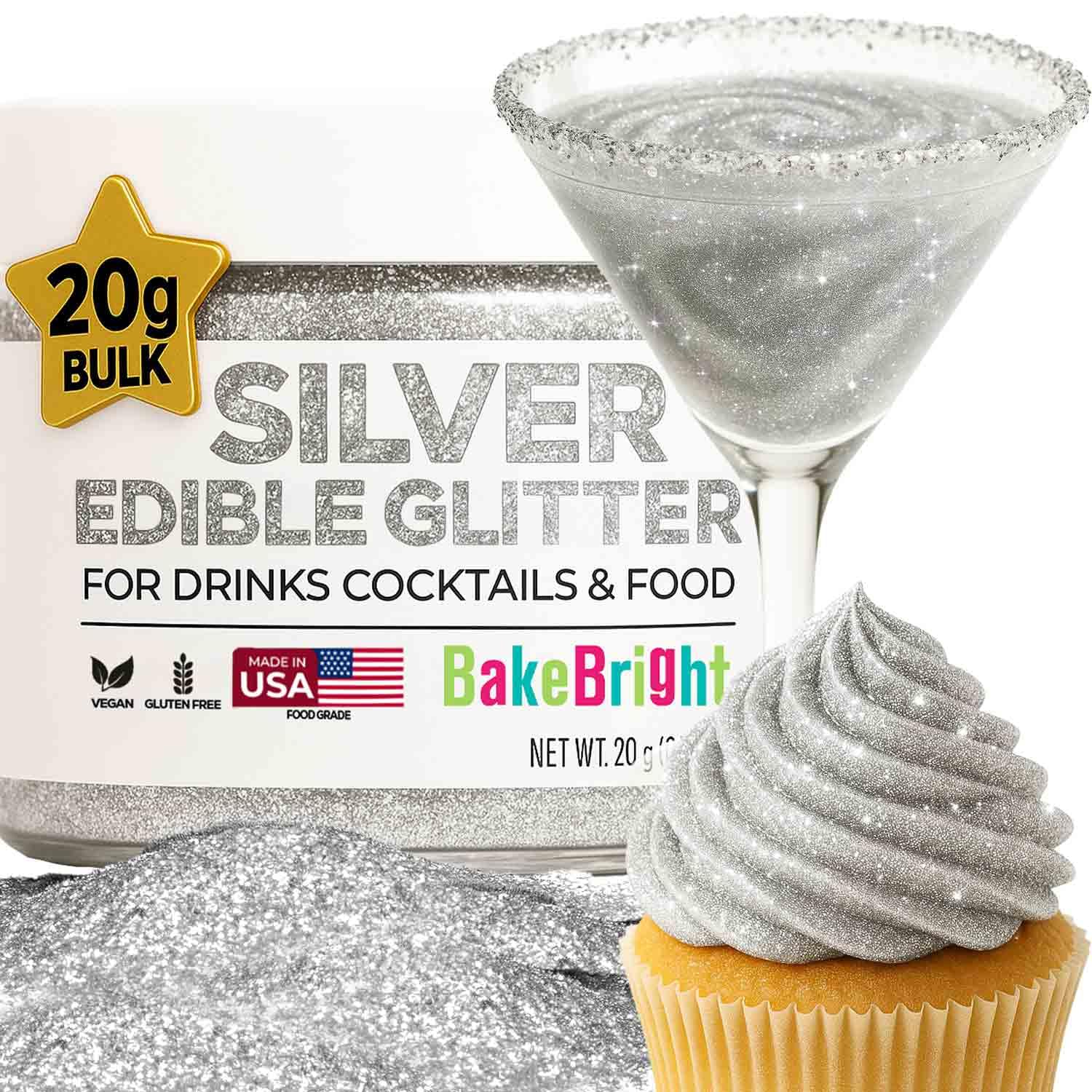 Bulk 20g Silver Edible Glitter for Drinks | Premium Edible Glitter for Cakes, Cocktails, Silver Cake Decorating Decorations Food Grade, Vegan, Kosher, Halal, Gluten Free - Made in USA