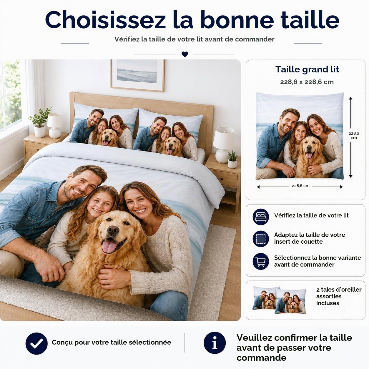 Housse de Couette Personnalisée avec Photo, Texte ou Logo, Parure de Lit Personnalisée en Microfibre, Taie(s) 65x65 cm Selon Taille, 140x200 à 260x240, Fermeture Éclair