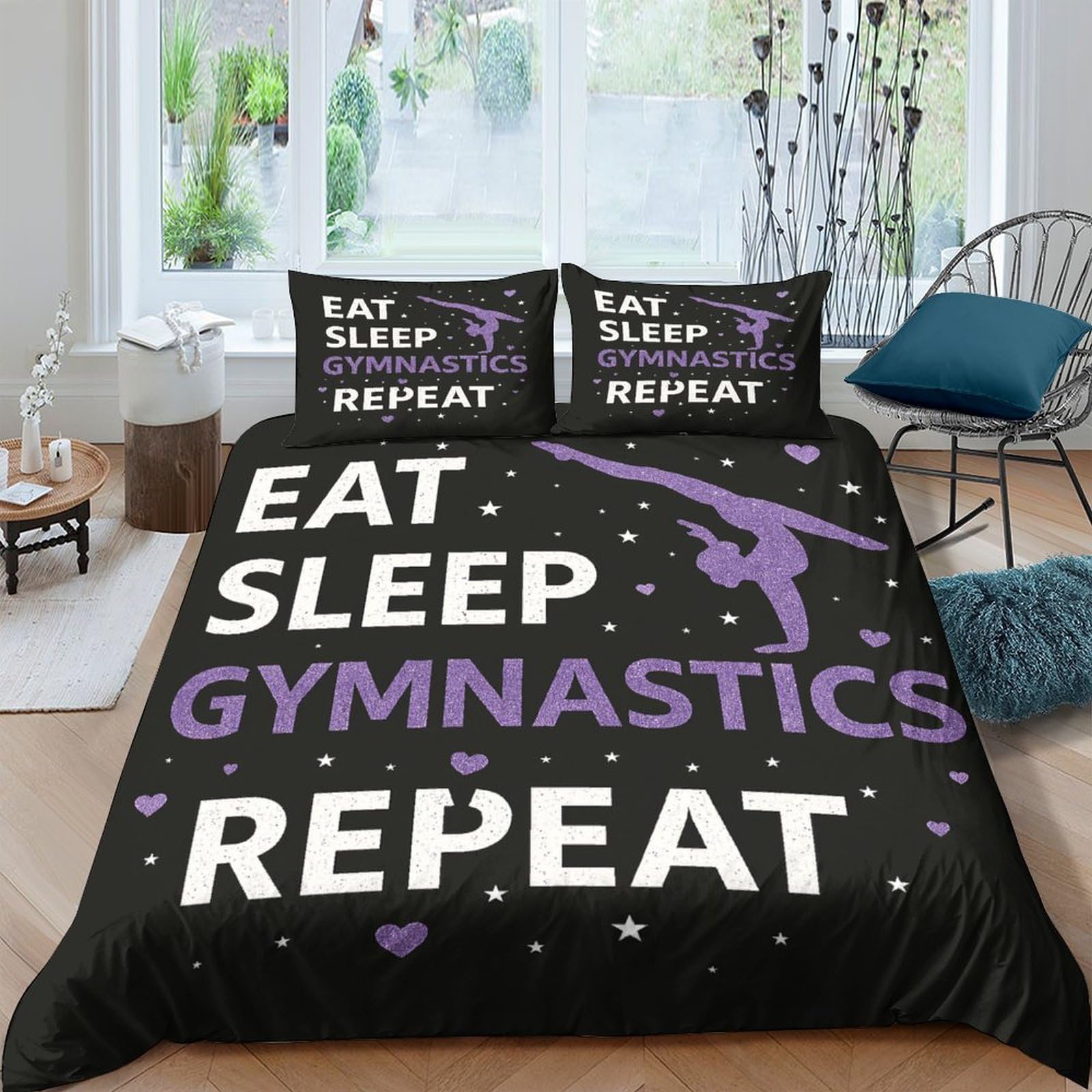 Ctjqhvkz Style-1 3D Printed Eat Sleep Gymnastics Repeat Fitted Sheet Microfiber Black Purple Bed Cover Anti-Slip Machine Washable Bedroom Dorm Protector Single（135X200cm）
