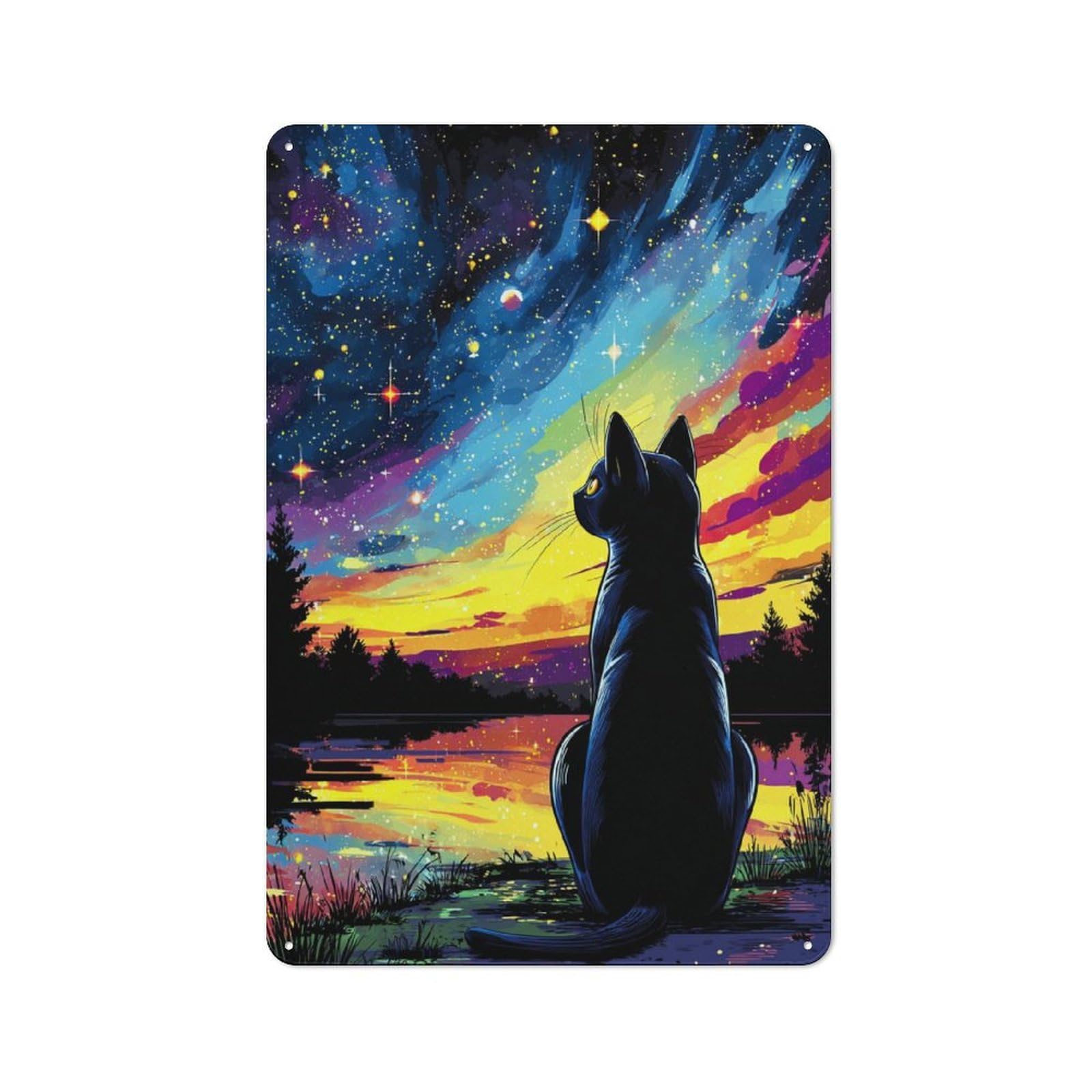 Junmoney Black Cat Gazing At Starry Sky Character Decorative Tin Plaque 30X20cm Featuring Small Space Decor For Bedroom, Kitchen, Office Or Living Room