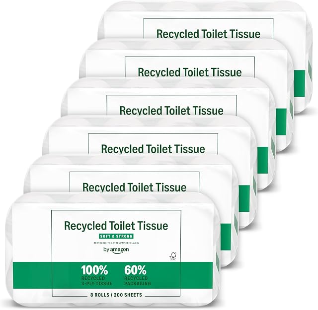 by Amazon Papier Toilette, 3 Épaisseurs 100 % Recyclé, Doux et Résistant, 48 Rouleaux (6 Paquets de 8), 200 Feuilles par Rouleau, Certifié FSC