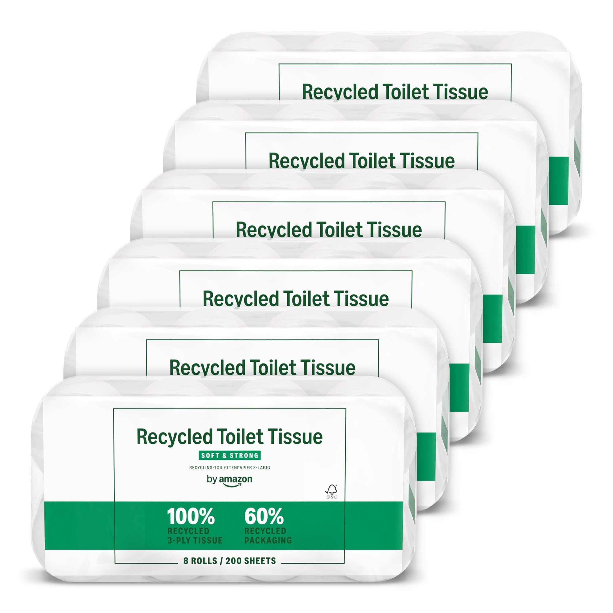 by Amazon Papier Toilette, 3 Épaisseurs 100 % Recyclé, Doux et Résistant, 48 Rouleaux (6 Paquets de 8), 200 Feuilles par Rouleau, Certifié FSC