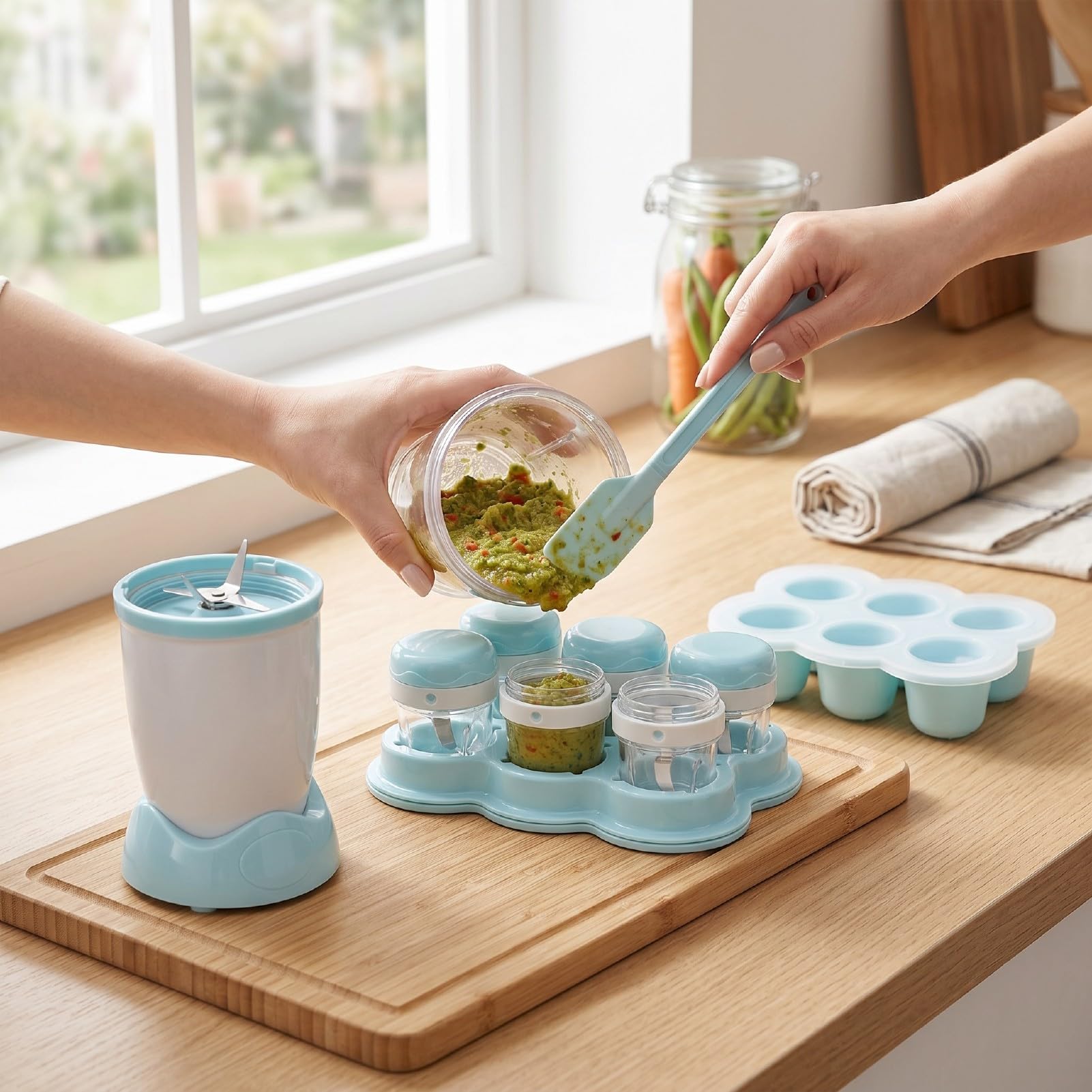Fockety Robot de Cocina para Bebés, Procesador Multifunción de 200 W con Recipiente para Alimentos y Cuchillas de Acero, Batidora para Purés de Frutas, Verduras y Carnes (Azul Claro) (Enchufe de la