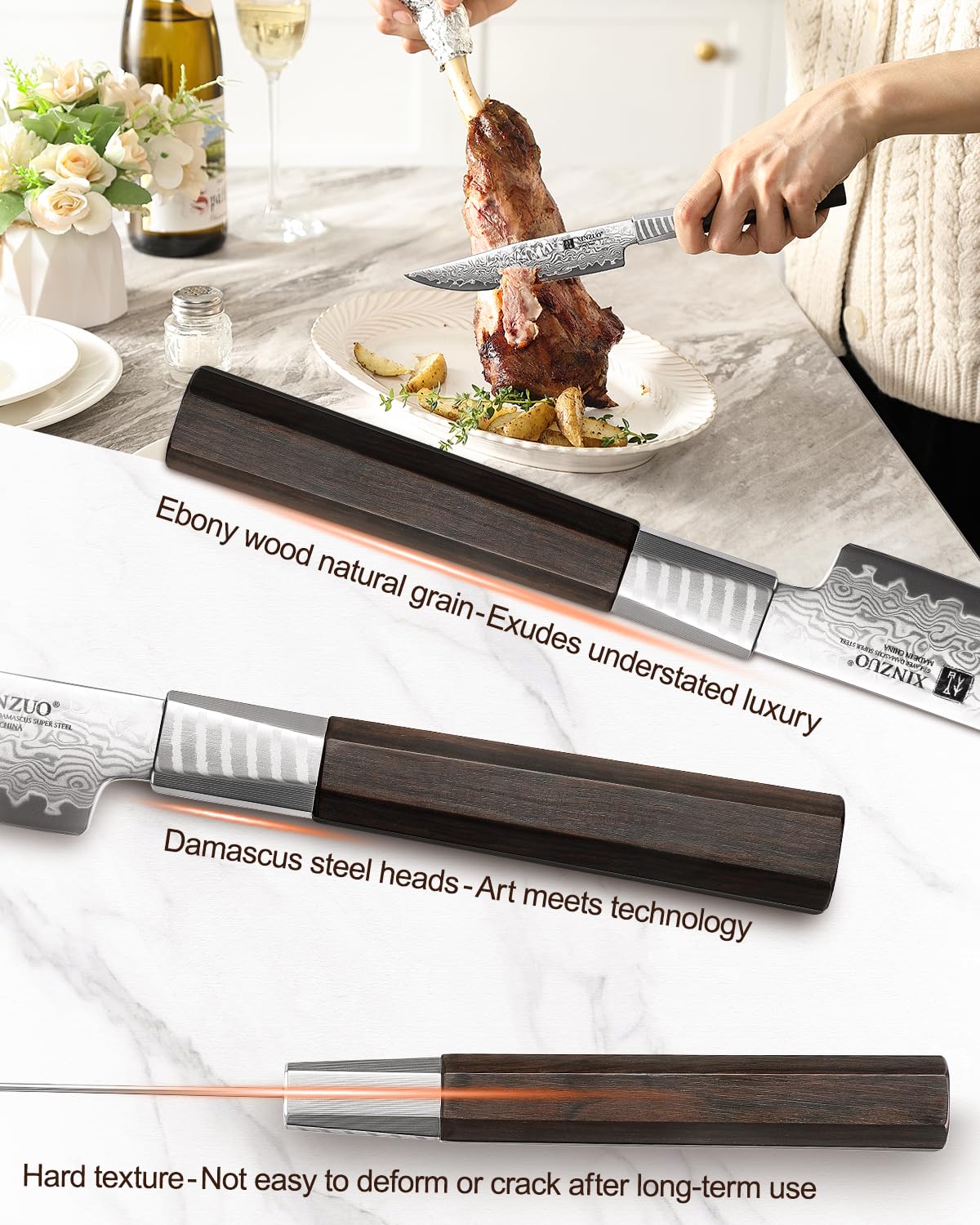 XINZUO Set de Couverts à Steak 2 Pièces-67 Couches Acier Damas Couteaux et Fourchettes à Steak-Couteau de Table Ensemble de Couteaux à Dîner-Ergonomique Poignée en Bois de Ébène-avec Boîte Cadeau