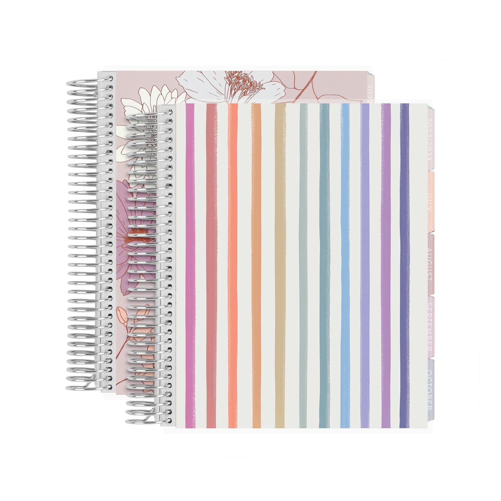 Set of Two - 7" x 9" Spiral Bound 6 Month Life Planner ( Jan 2023 - Dec 2023 ) Daily Duo - Watercolor Stripes Colorful + In Bloom Covers. 12 Months Total. In Bloom Interior Pages by Erin Condren