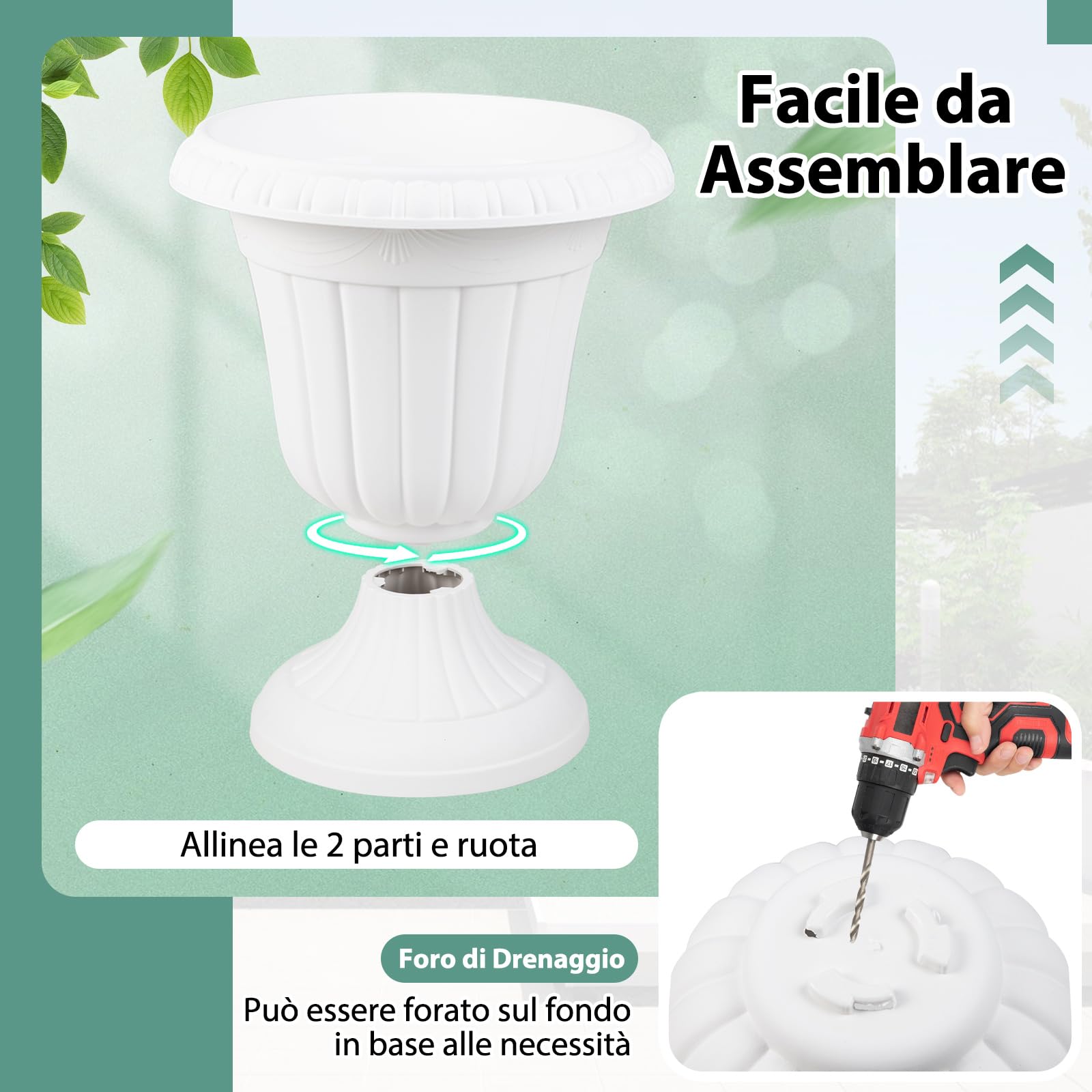 RELAX4LIFE Fioriera da Esterno, Set di 2 Vasi per Piante a Forma di Urna con Base a Piedistallo e Foro di Drenaggio, Fioriera in Plastica per Giardino, Balcone e Ingresso (Bianco, 46,5cm)