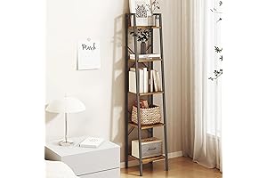 5-Tier Rustic Brown Ladder Shelf, the Corner Storage Shelve with 2 Hooks