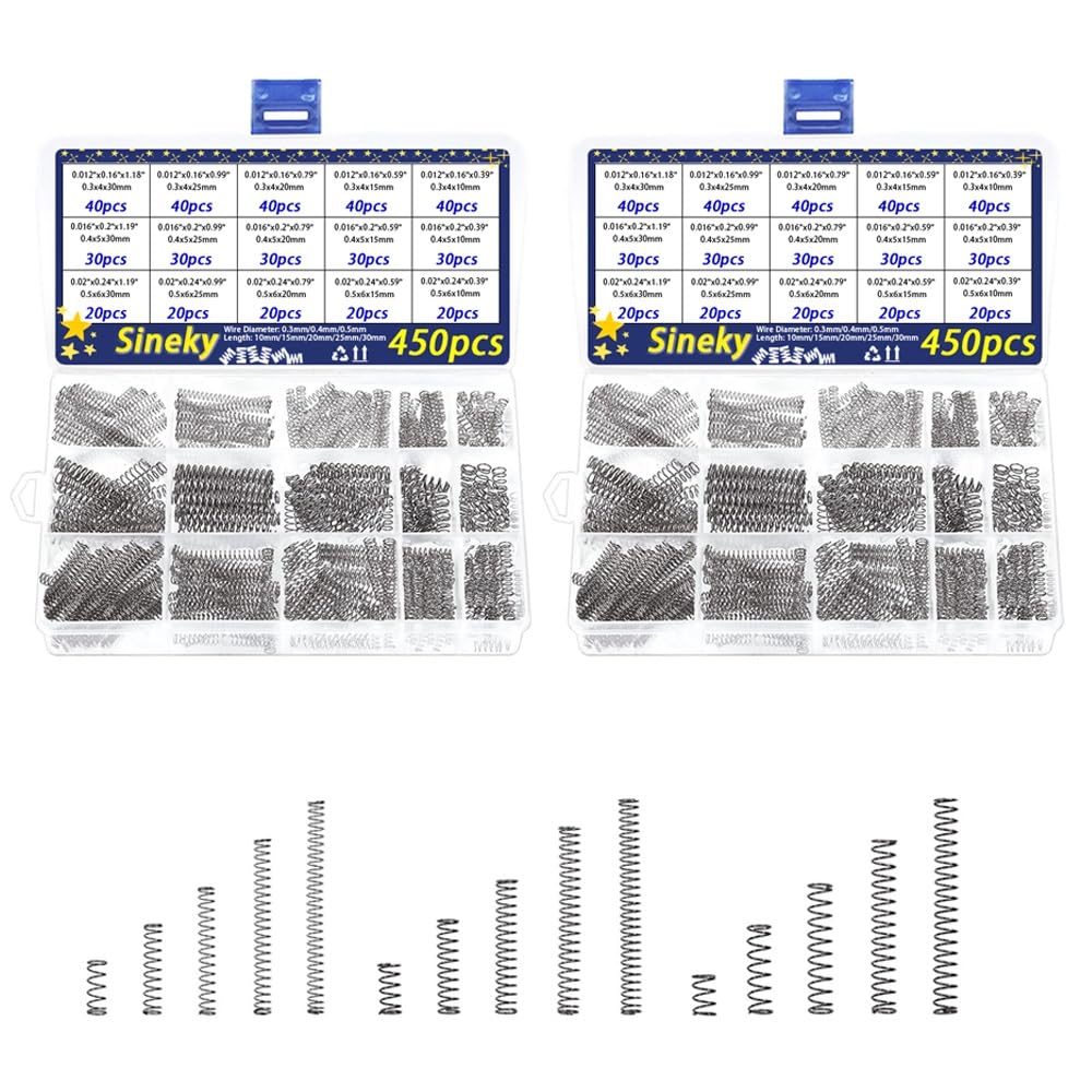 LOEASE 900pcs Mini Size Spring Assorted Kit, 304 Stainless Steel Compression Spring Assortment Kit for 3D Printer DIY Project, 10-30mm Length (2 Pack 450pcs)