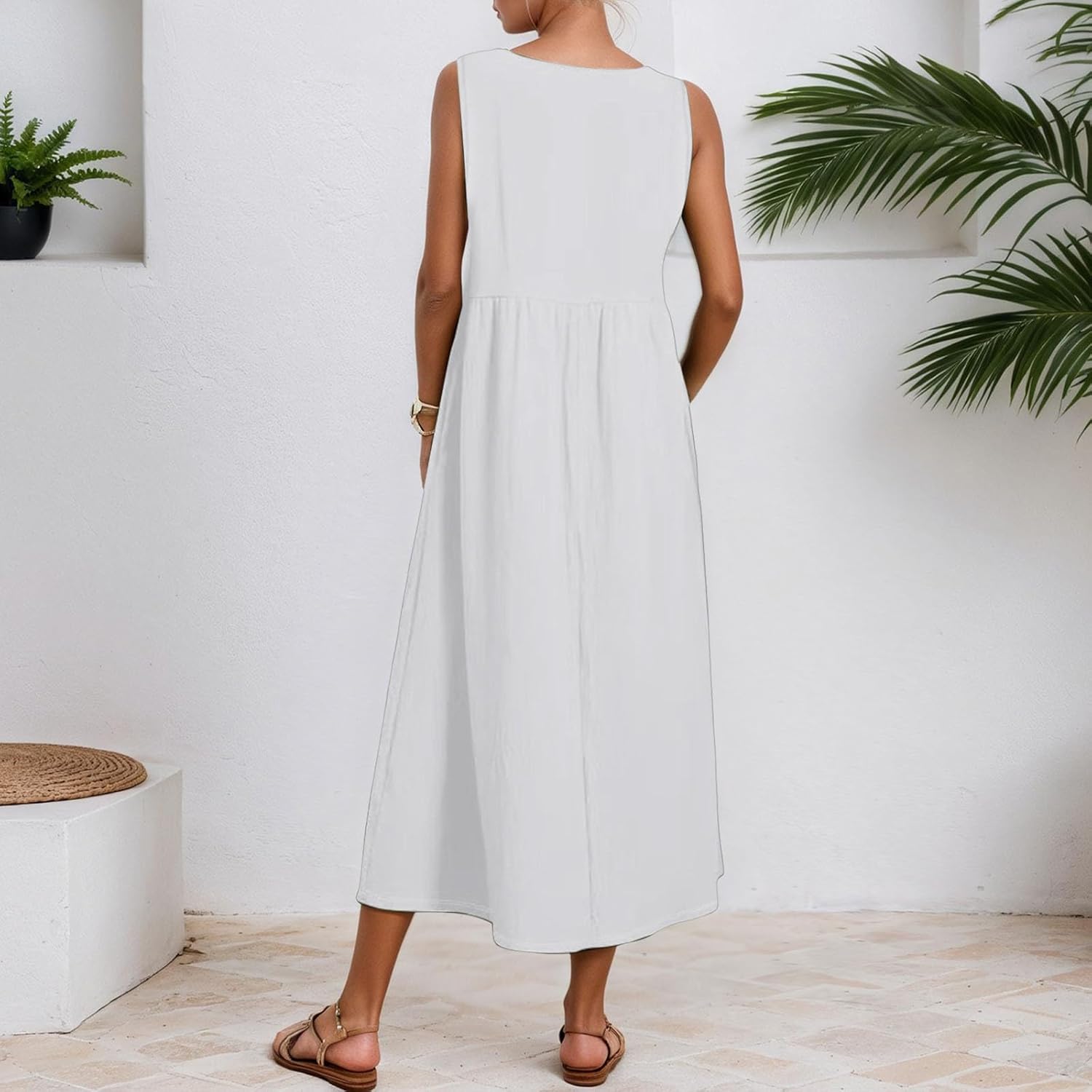 Casual Dresses for Women Summer Sleeveless V Neck Dress a Line Swing Long Sundress with Pockets Beach Vacation Outfits - Image 2