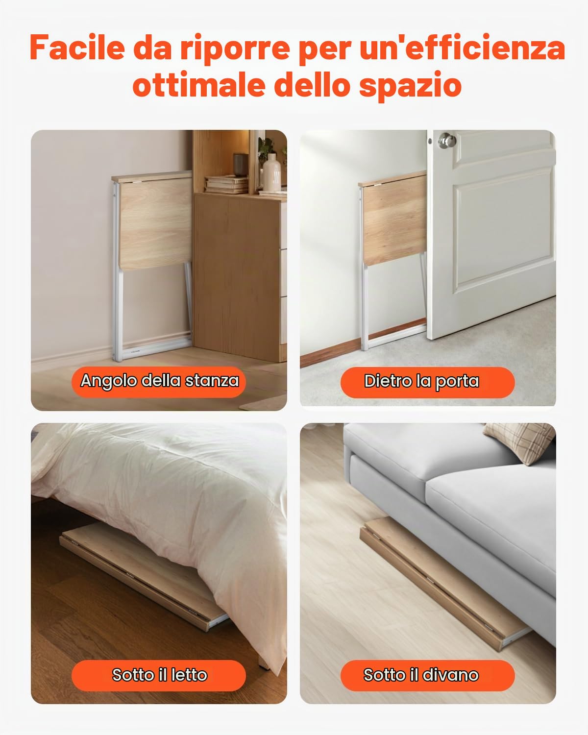 VEVOR Scrivania Pieghevole, Tavolo Piccolo da 80 cm, Tavolo per Computer, Robusto Pannello di Particelle con Ganci Portaoggetti, Postazione di Lavoro per Ufficio Domestico, Facile da Montare, Rovere