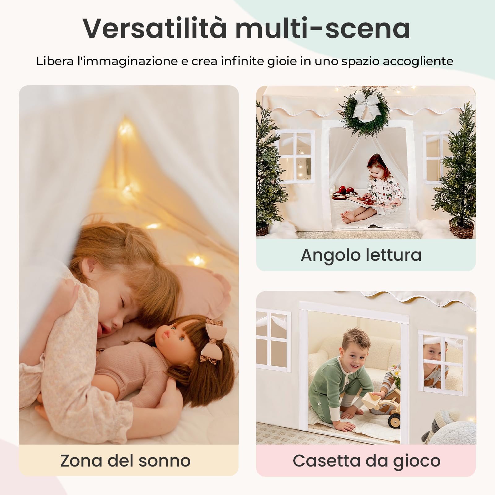 Tiny Land Tenda da Gioco per Bambini con Tappetino Morbido e Luci, Tenda per Bambini da Interno Lavabile, Rifugio Angolo Lettura per Cameretta, Regalo per Bambino e Bambina 3-13 Anni - 133x90x136cm