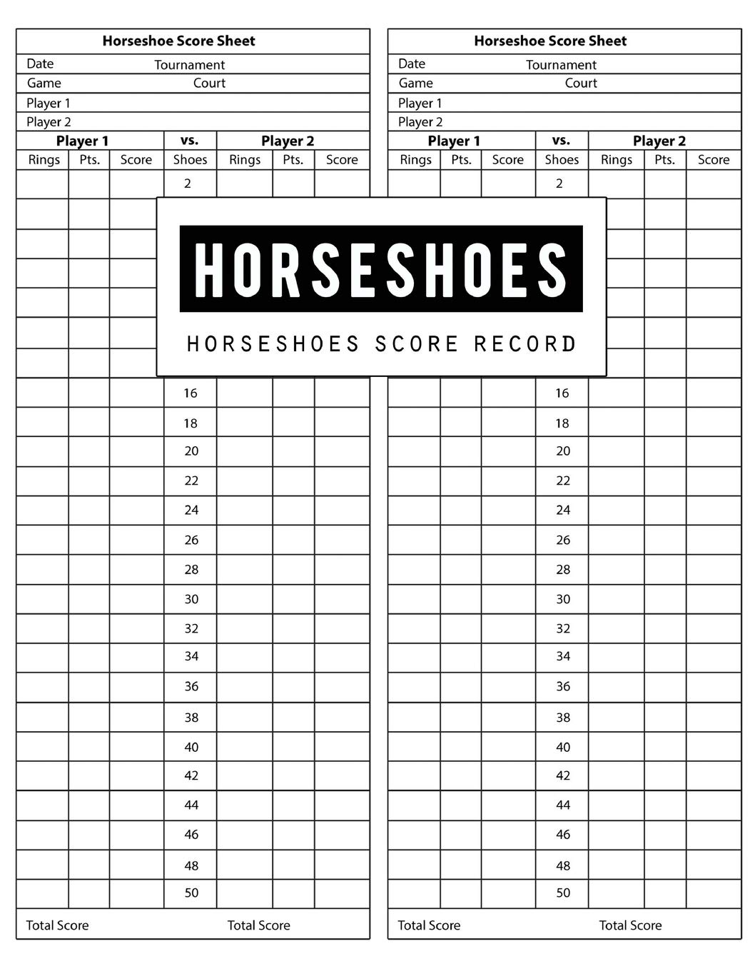 Horseshoes Score Record: Horseshoes Game Record Keeper Book, Horseshoes Score Keeper, Horseshoes Journaling, Horseshoes card, Score sheet keeps ... tournaments, Size 8.5 x 11 Inch, 100 Pages