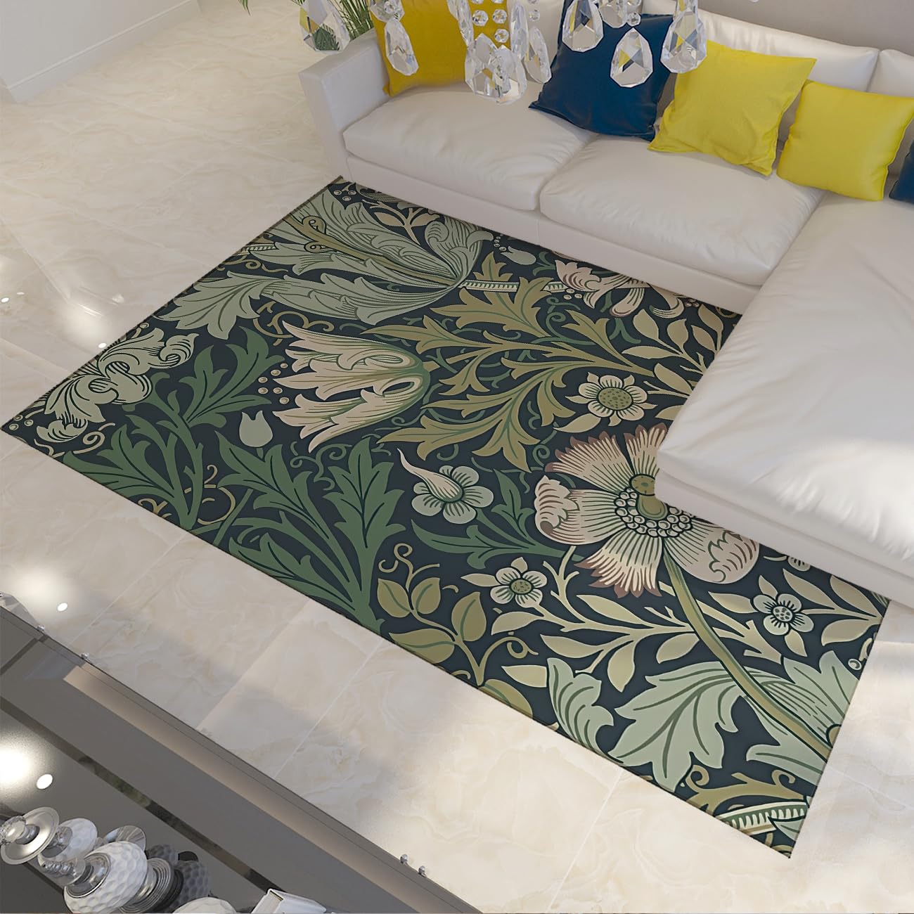 Tapis de salon esthétique style William Morris en fausse laine fine et finitions soignées