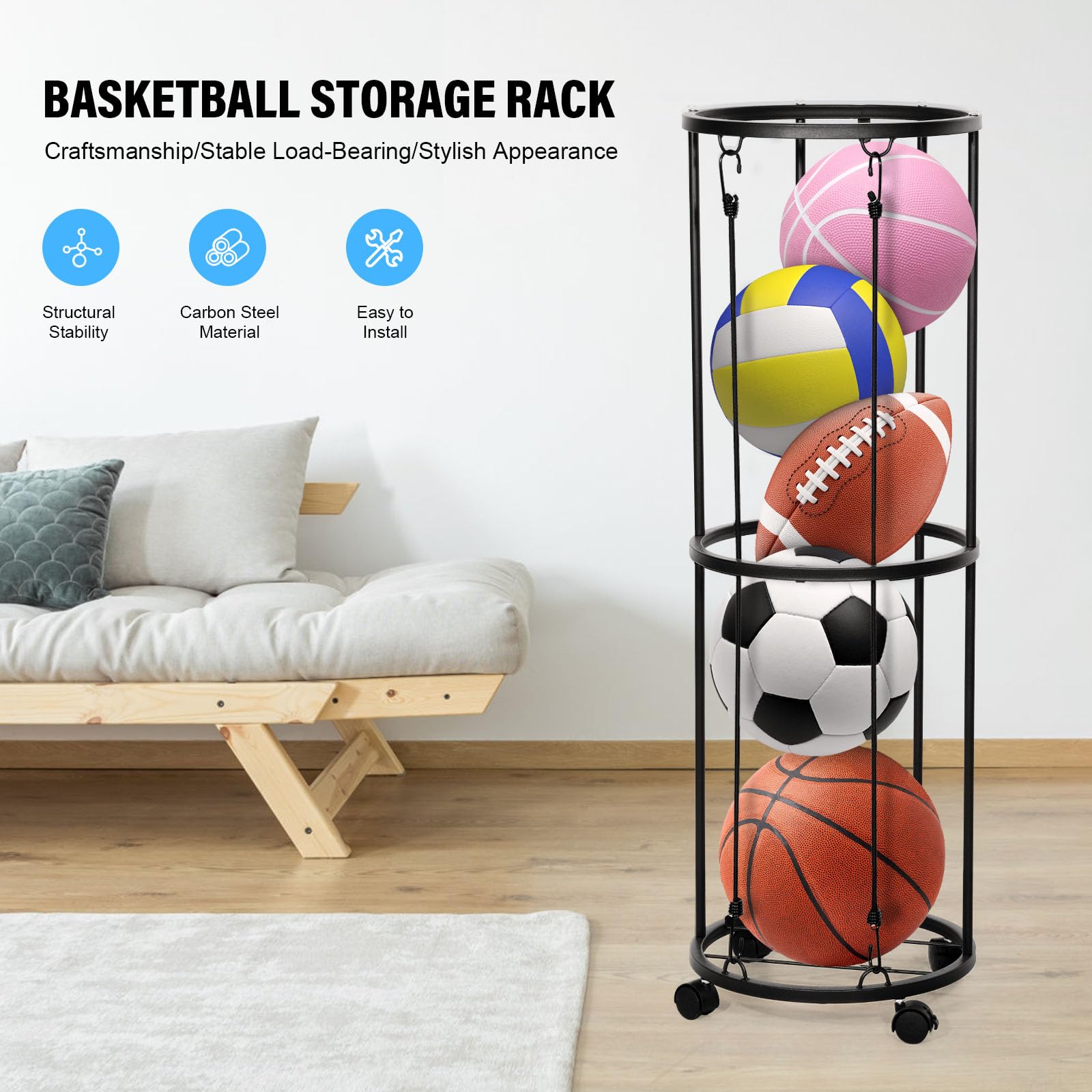 Ballständer mit Rollen, 120 cm Ball Aufbewahrung, Sparende Abnehmbare Stehend Ballhalter für Basketball, Fußball, Volleyball, Ball Aufbewahrung Sports für Sportbälle(Schwarz)