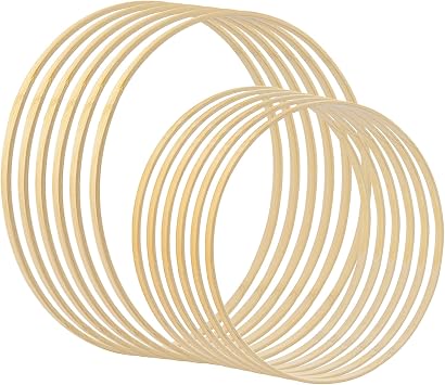 AUEAR, 12 Pack Wooden Bamboo Floral Hoop 2 Sizes Macrame Rings Dream Catcher Craft Ring for DIY Wedding Wreath Wall Hanging Catchers Crafts 10" & 12"