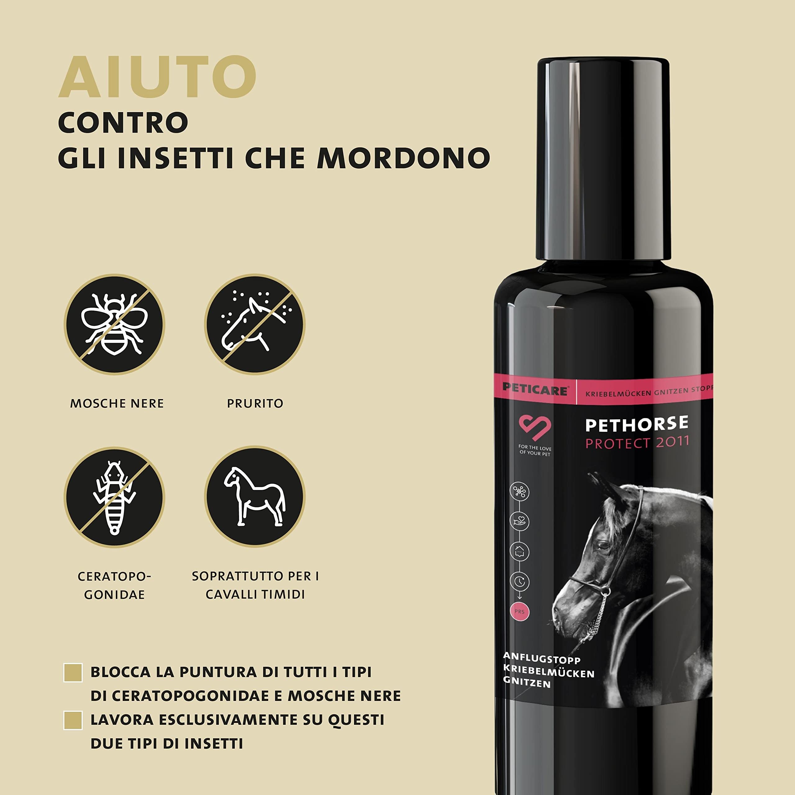 Peticare Cavallo Roll-On Anti Mosca Nera - Blocca Efficacemente, Difesa Contro Simulidi, Attivo Fino a 24 Ore, Prevenire Efficacemente Dermatite Estiva e Eczema - petAnimal Protect 2011