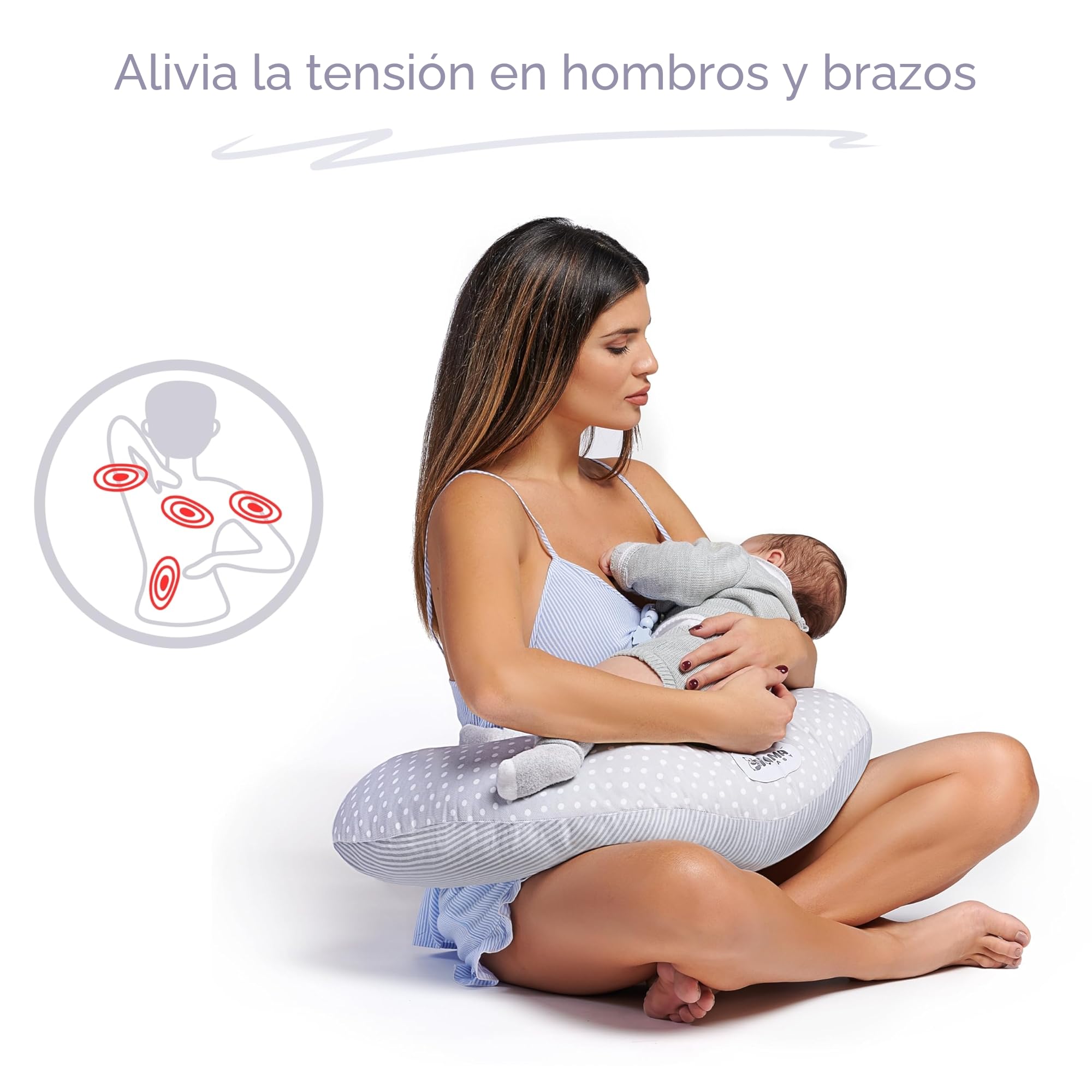 Dilamababy - Cojin Lactancia con 2 Fundas de Algodón 100%, Relleno Bolas de Fibra Ajustable - Cojin de Lactancia con Banda Ergonómica y Cordones para Amamantar con Seguridad